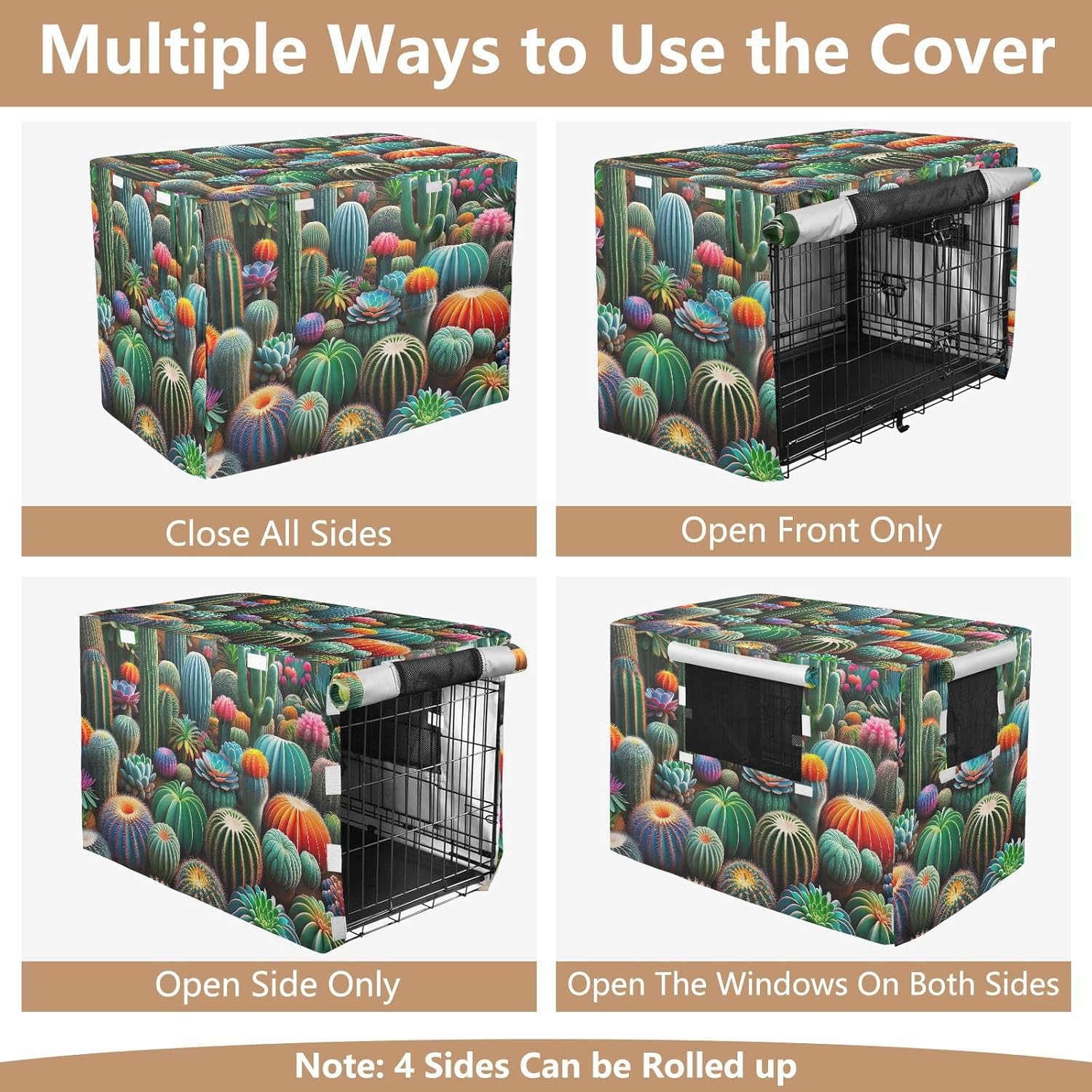 Colorful Succulents Cactus Dog Crate Covers S-XL Washable Pet Crate Cover with Roll-up Sides, Reduces Barking, X-Large