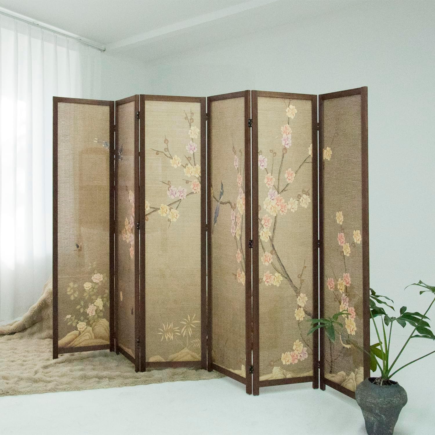 furnnylane 6 panel bamboo room divider, 5.6 ft tall double sided folding privacy screen for room separation, premium thickened wood frame wall divider, colourful plum (67" h x 94.5" w) colourful plum 6 panel