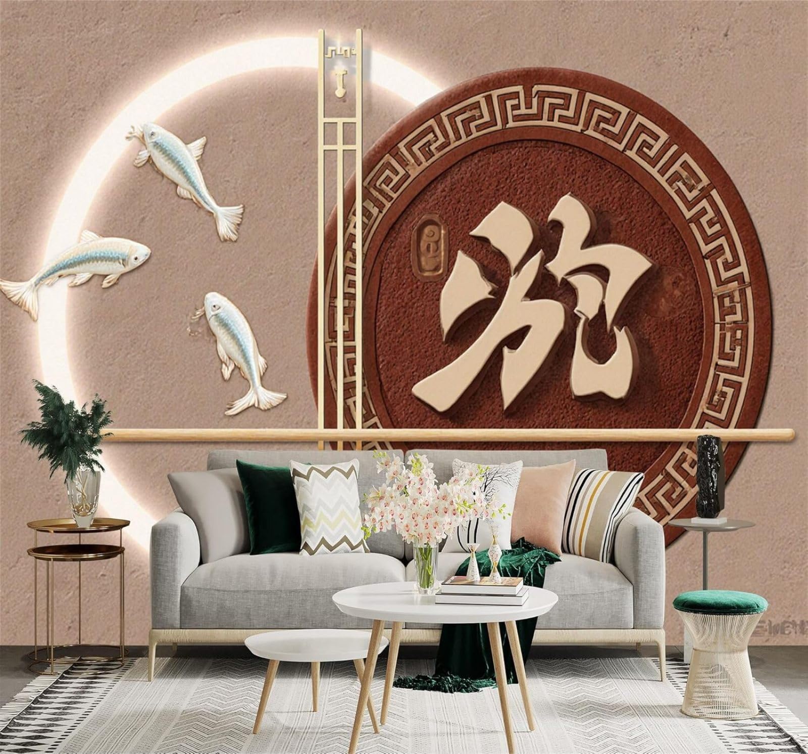 XLMING Carp Circular Light and Shadow Patterns Calligraphy Art 3D Wallpaper Silky Texture Home Study Office Grey Dining Room Sofa Bedroom Living Room TV Backdrop-150cm×105cm
