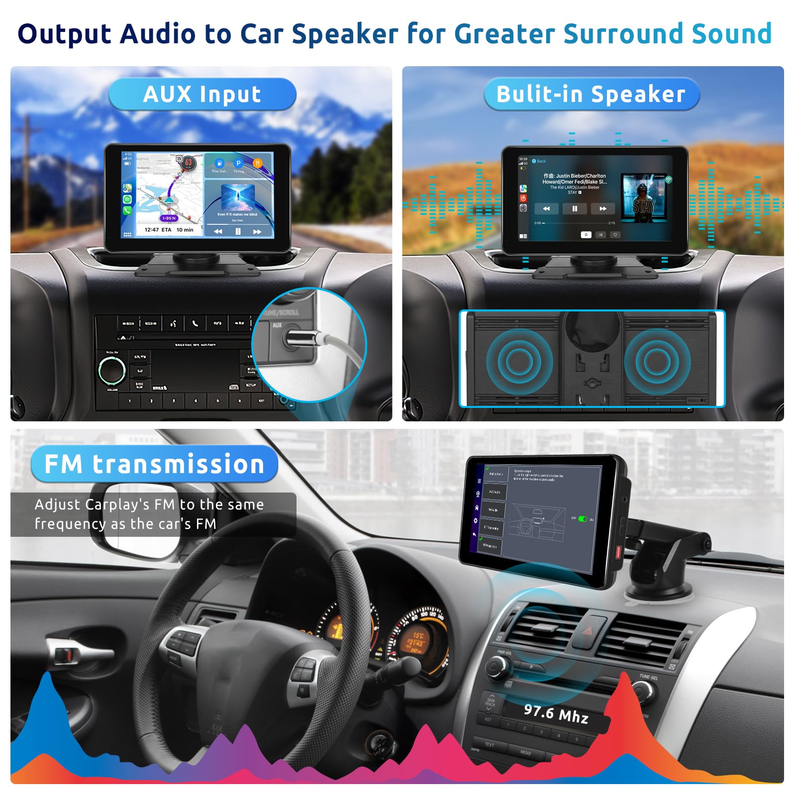 Podofo 2G+32G Android Wireless Apple Carplay Car Stereo, 7" Portable CarPlay Screen with GPS Navigation Android Auto IPS Touchscreen WiFi Bluetooth, Mirror Link, Voice Control, AUX/FM Transmitter