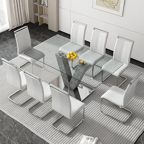 Miniatura 12 de Juego de mesa de comedor de vidrio de 71 pulgadas para 6, juego de mesa de comedor para 6, mesa de cocina moderna y 6 sillas de PU, parte superior