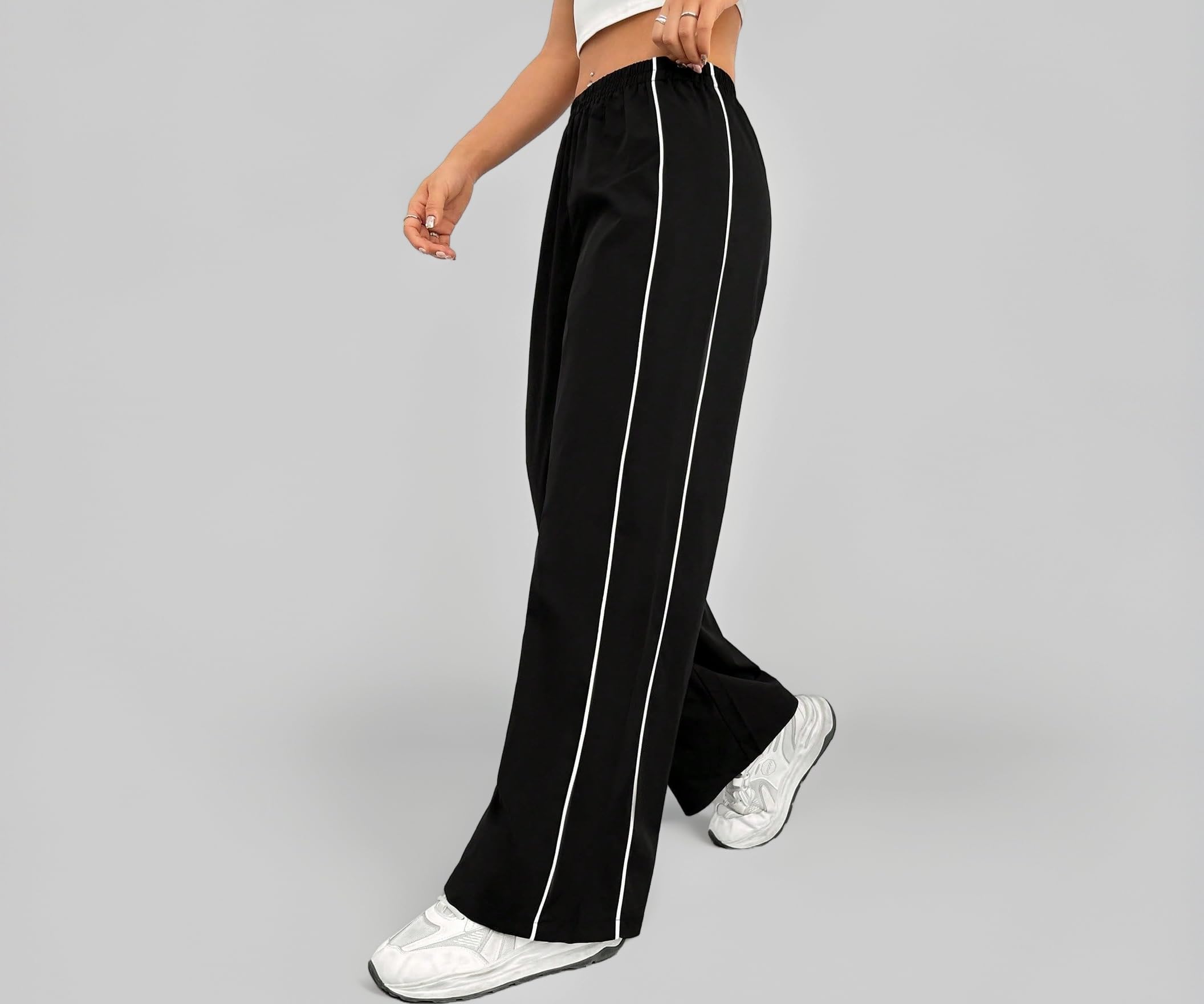 Women Casual Loose Fit Track Pants High Waist Elastic Waistband Straight Wide Leg Trousers with Side Piping, Gym Yoga Running Athletic Sweatpants Comfortable