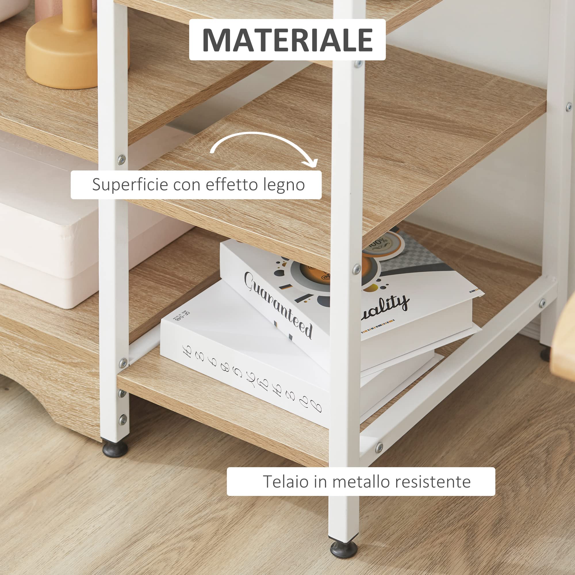 HOMCOM Scaffale da Cucina Basso Salvaspazio Stile Industriale, Mobiletto con 7 Ripiani per Cucina in Metallo e Legno, 90x40x95cm, Bianco