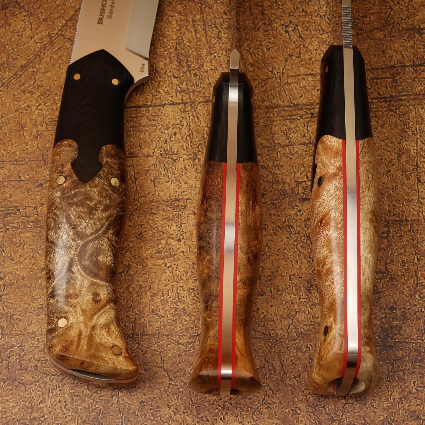 hand forged outdoor camping hunting knife with leather sheath and flint, Sandvik 14C28N steel blade, ergonomic white shadow wood handle