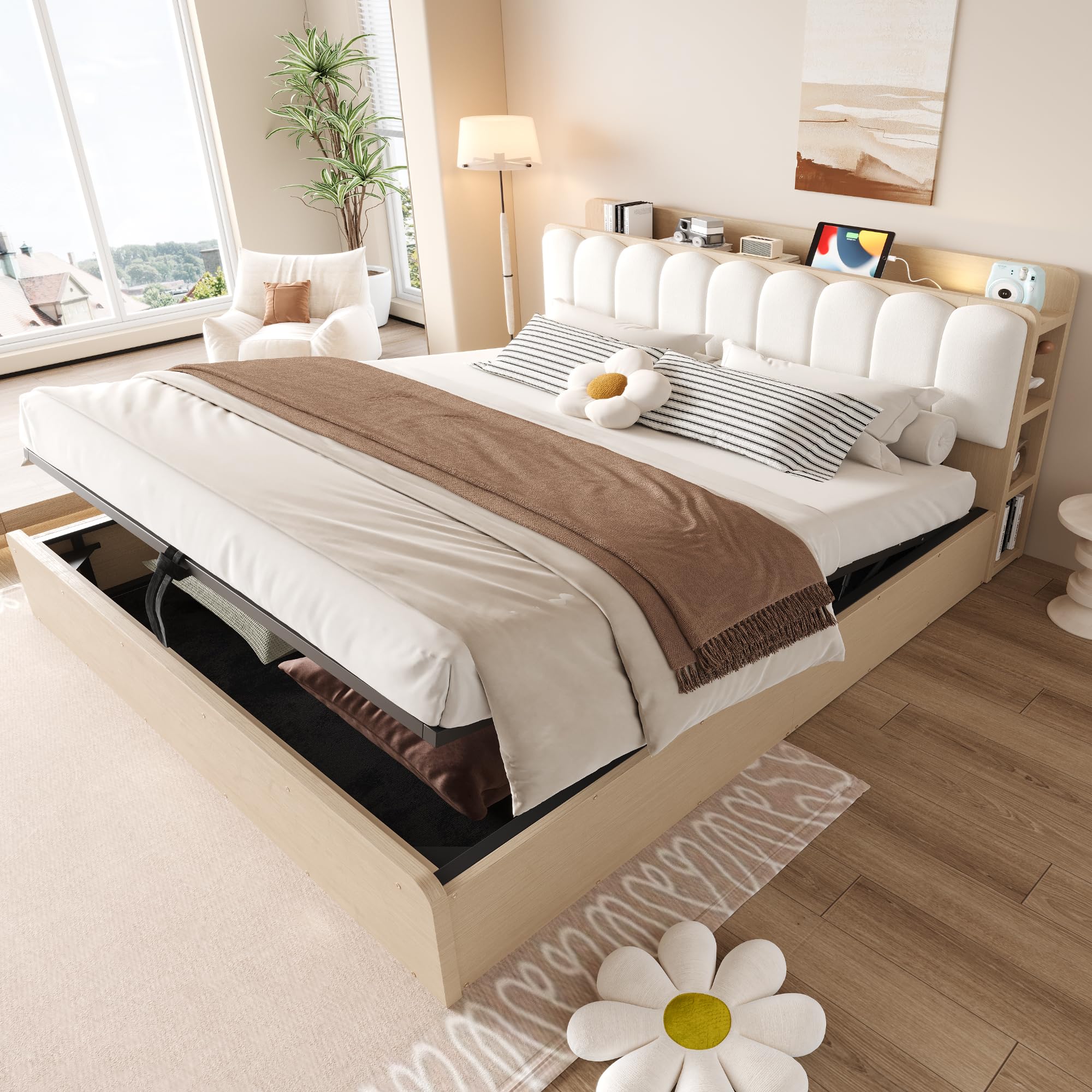 Cama Canapé 180x200 con Almacenamiento Integrado Cama Tapizada con Somier de Lamas Double Bed con Cabecero y Compartimentos Estructura de Madera con Elevación Hidráulica Estudio