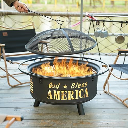 Miniatura 5 de Backyard Expressions GOD Bless America - Fogón de metal – 30 pulgadas – Fogata de acero resistente para patio/patio trasero con rejilla de registro