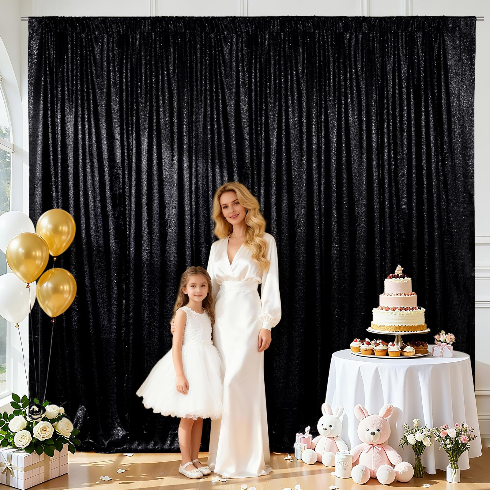 SquarePie Sfondo con paillettes opaco in raso non trasparente Photo Booth Fotografia Sfondo Selfie Wall Video Live scintillante Tenda per matrimonio Patry 3,2 x 2,5 m, nero