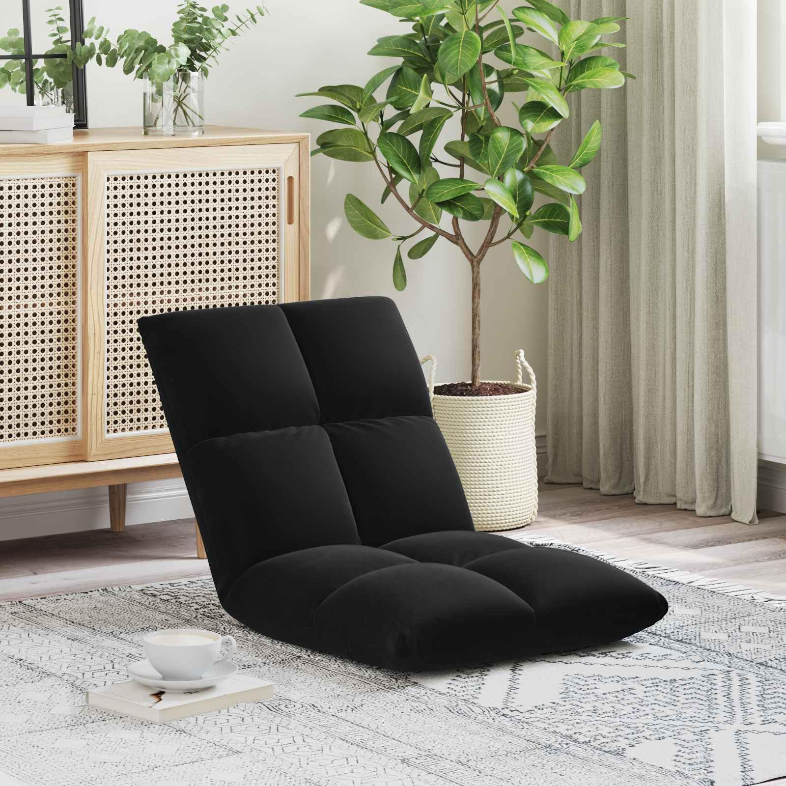 Krzesło podłogowe, czarne, aksamitne, 50 x 61 x 57 cm, regulowane z 5-stopniowym oparciem, składane, ergonomiczne, do czytania, jogi, gier, biura, zajmuje mało miejsca