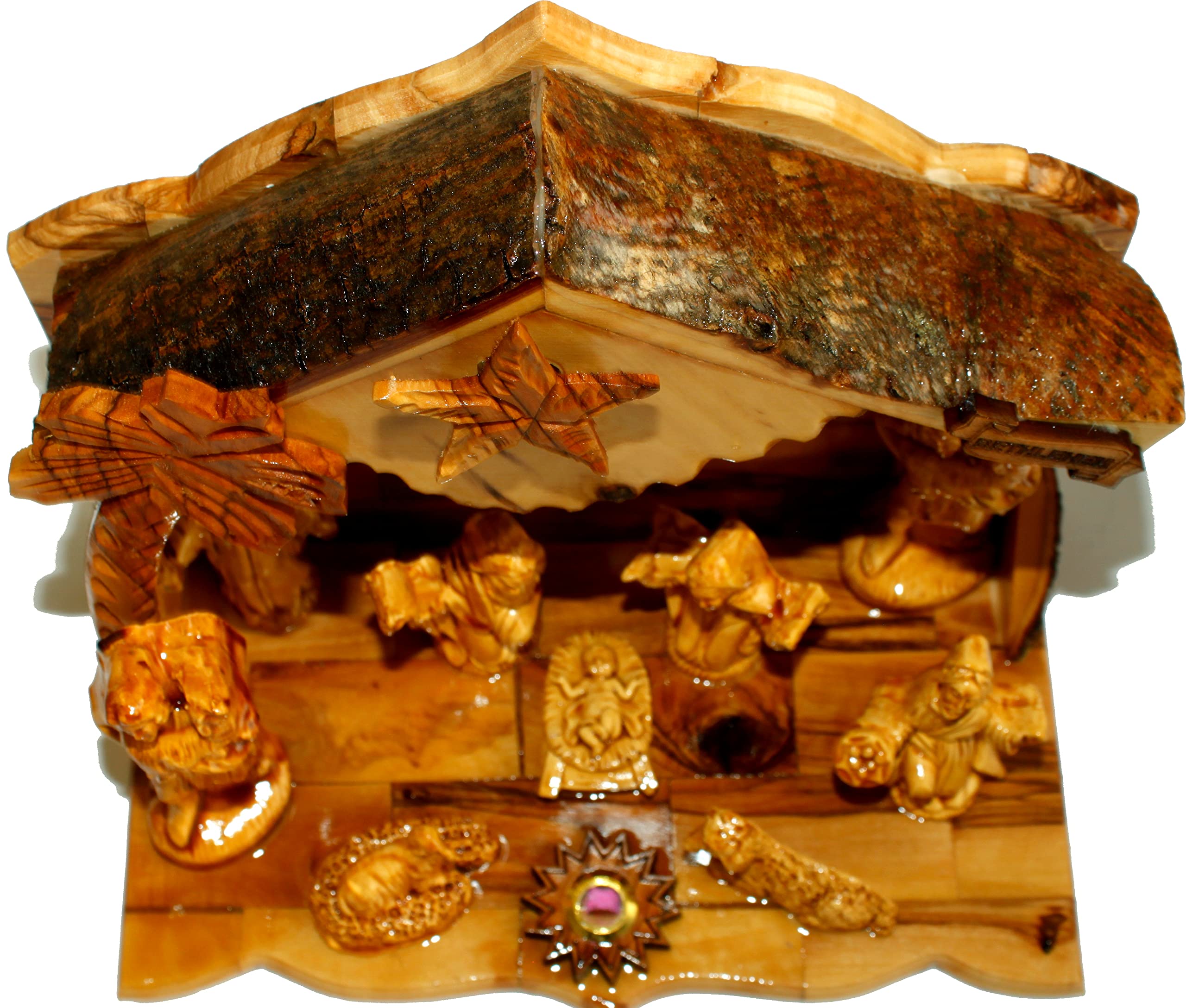 Holy Land Market Presepe musicale in legno d'ulivo con stalla rustica (tetto di corteccia), pezzi in alabastro incollati (larghezza 20 cm, altezza 19 cm)