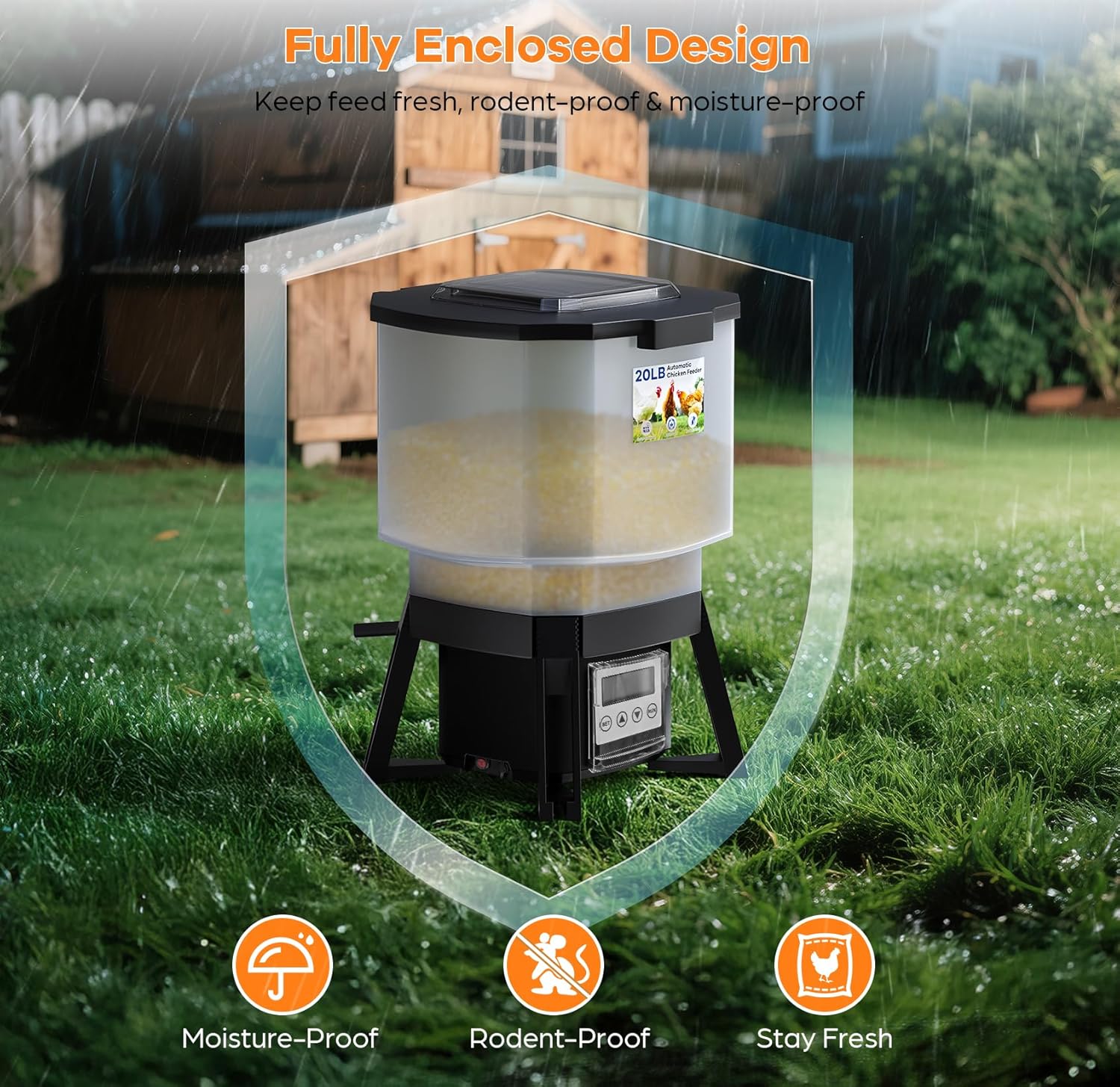 Automatic Chicken Feeder Solar Powered with Timer, 20lbs No-Waste & Rat Proof Poultry Feeder, Programmable Feeding Schedule, Adjustable Throw Distance