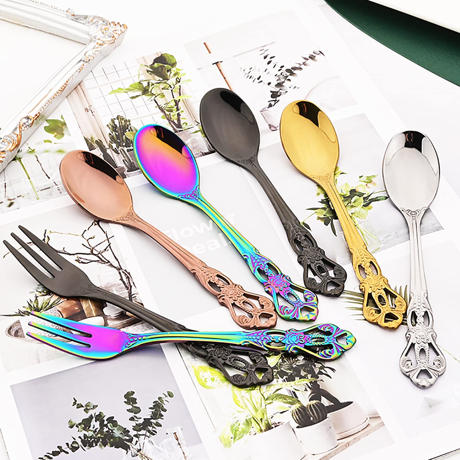 Snplowum 12-Piece Black Stainless Steel Retro Teaspoon And Cake Fruit Forks, Kitchen Silverware for Wedding Party Daily Use Or Restaurant Bar (6 Forks + 6 Spoons)