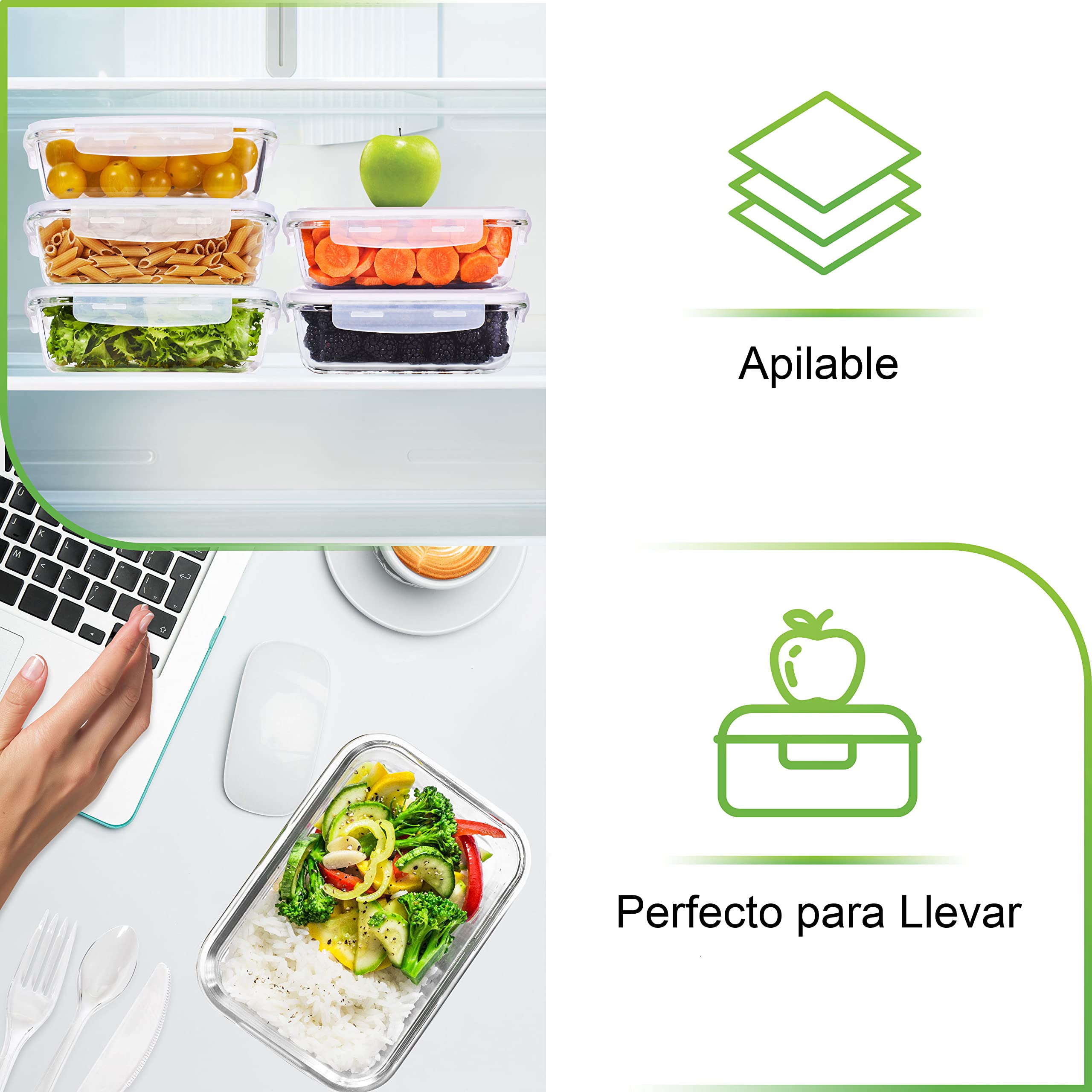 Prep Naturals [8 Pieza 1000 ml] Recipientes para Alimentos - Juego de Recipientes de Cristal para Alimentos Hermético - Contenedores de Alimentos - Apto para Lavavajilla Microondas Congelador