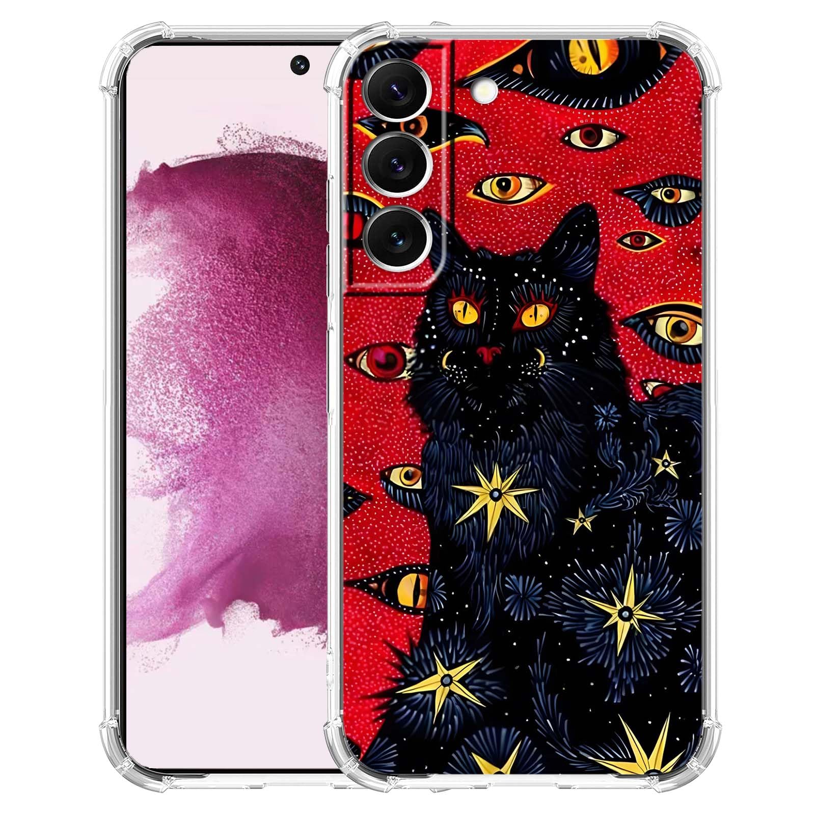 Tobelint for Samsung Galaxy S22 Case with Hippie Art Design,Trippy Cute Cool Black Cat Pattern,Clear Slim Soft TPU Bumper Case,6.1”(Cat,S22)