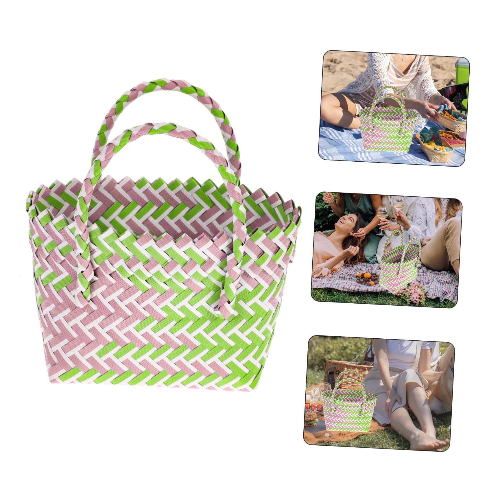 Panier Anse en Pvc Tressé Léger et Facile à Déplacer, Petit Panier à Provisions Chic et Rustique pour Shopping et Plage