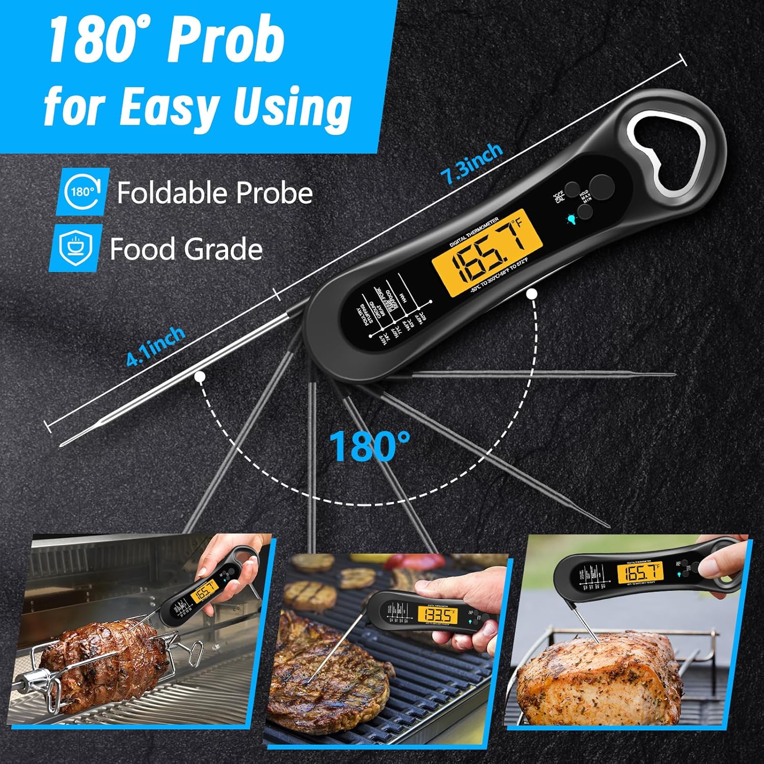 Biison Digital Meat Thermometer - Wireless, Instant Read, Waterproof, With Backlight & 180° Foldaway Probe For Grilling, Turkey, Cooking