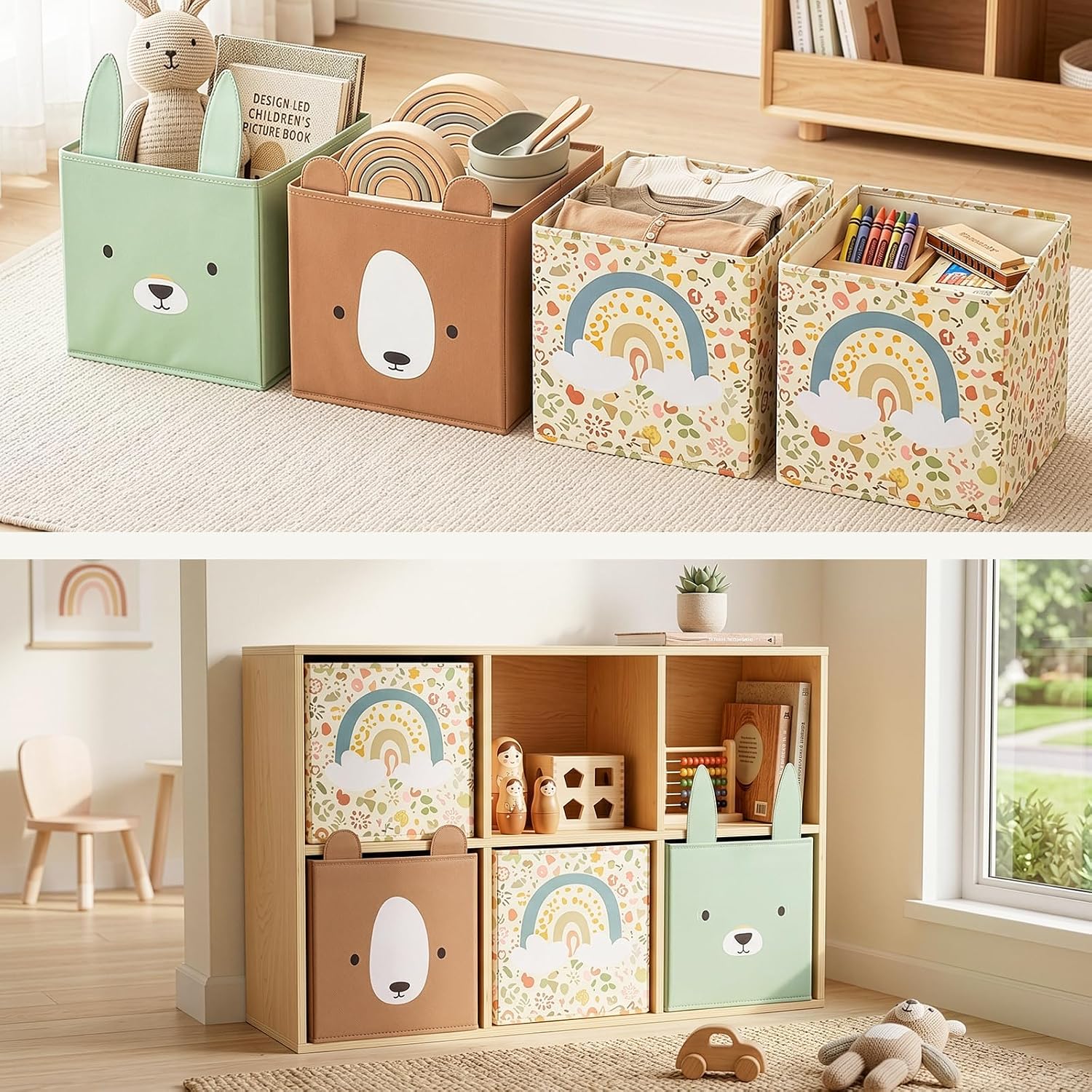 OOOK 4 Pack Foldable Fabric Storage Bins, 11.4" x 10.6" x 11.8" Cute Storage Box, Closet Organizers for Bedroom, Nursery, Shelves & Cube Storage Shelving Units (Bear, Rabbit, Rainbow Pattern)