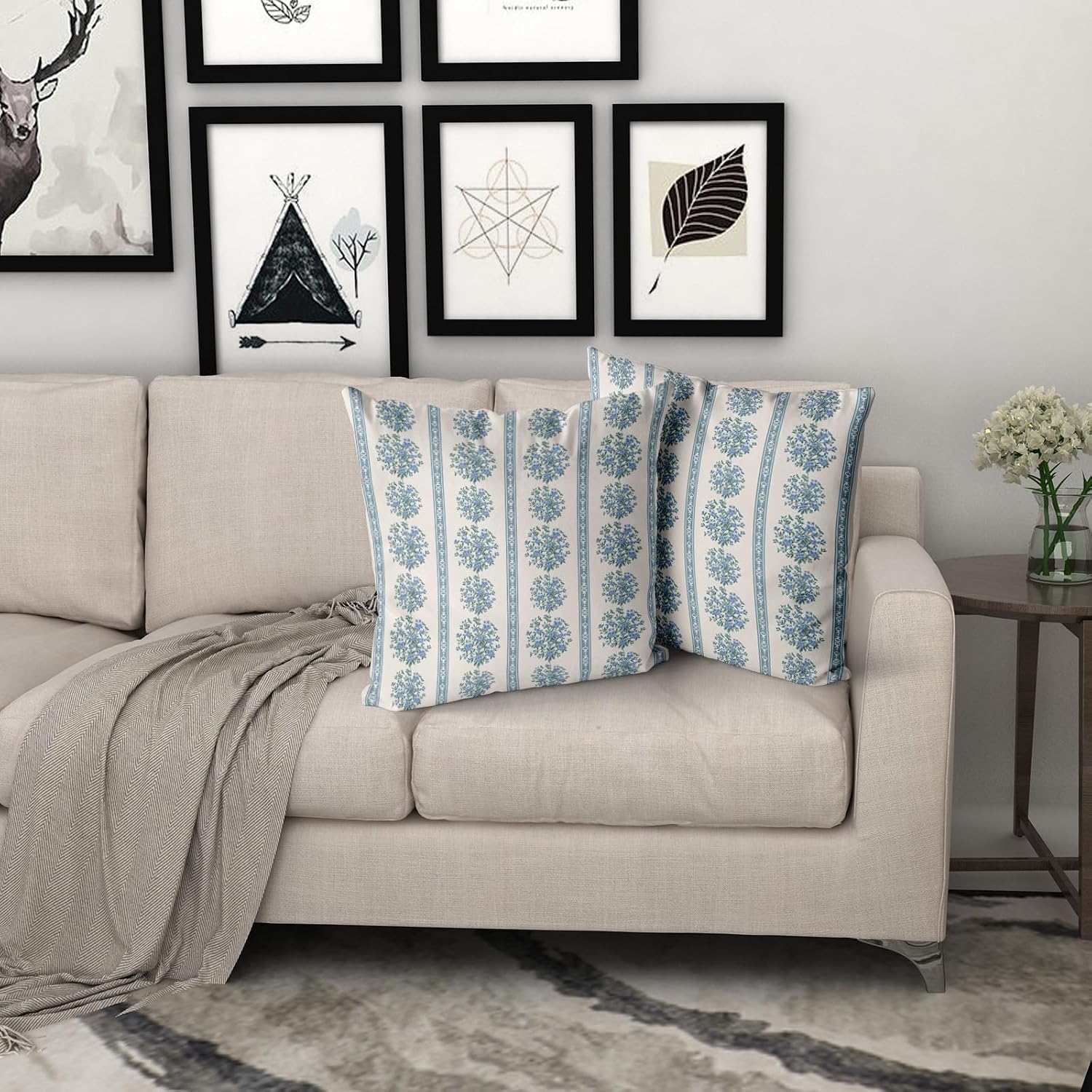 Giwawa Blue Floral Pillow Covers 18x18 Inch Set of 2 Vintage Blue and White Striped Throw Pillow Cover Neutral Farmhouse Decorative Pillow Case for Sofa Couch Bed image 5