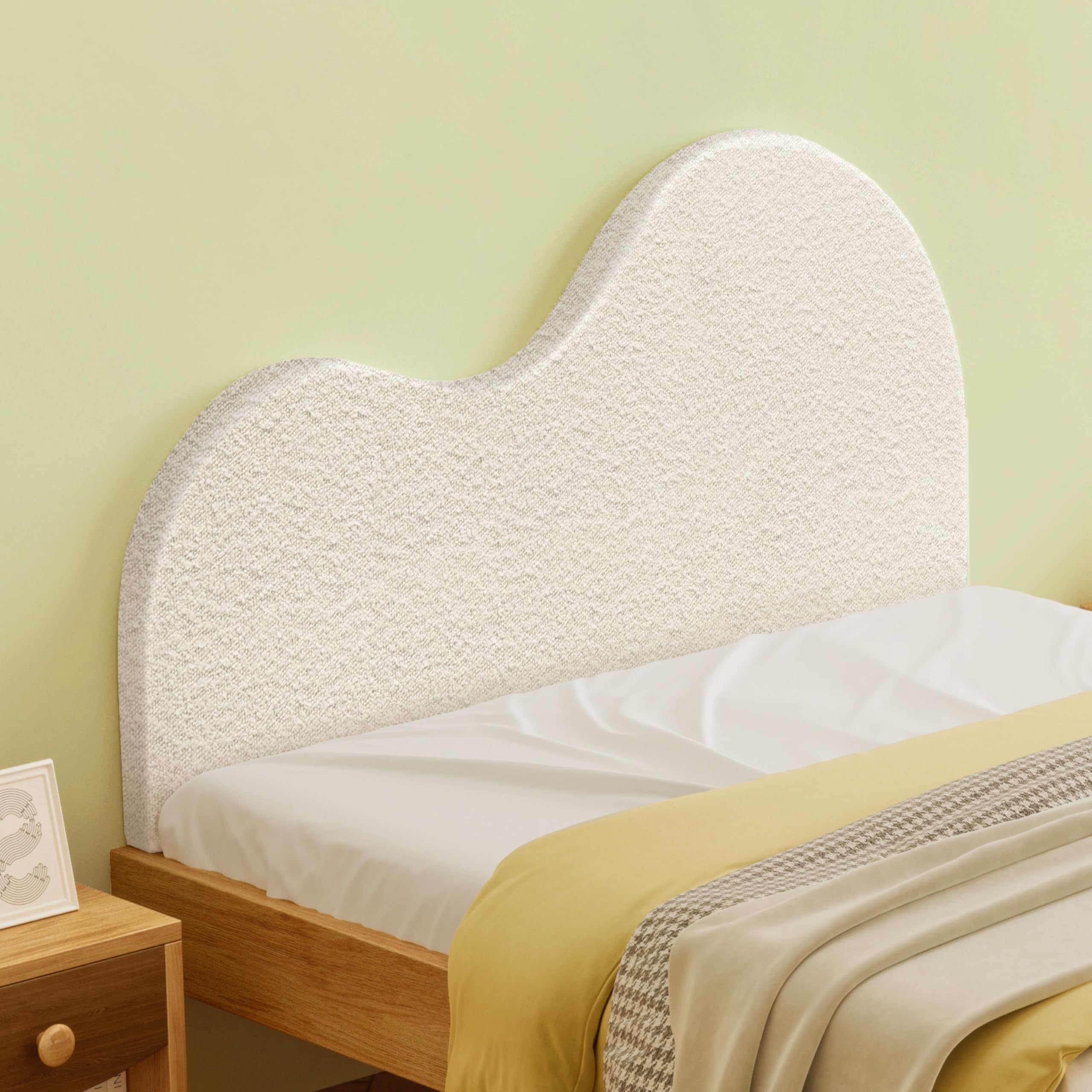 LELEFIDO Cabecero Curvado Acolchado, Cabezal de Cama en Imitación de Lana, Cabecero de Espuma para Cama Individual y Matrimonial, Blanco, 153 cm