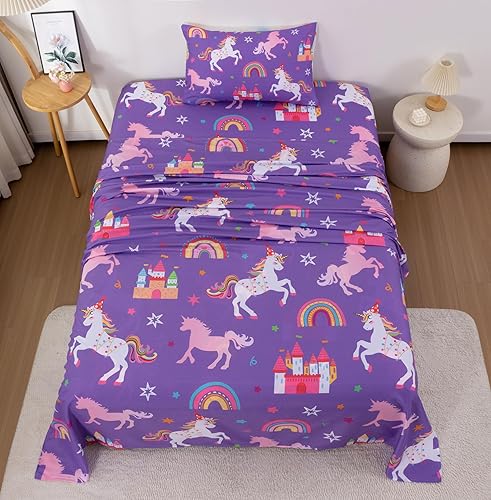 Juego de sábanas de 3 piezas para niñas, tamaño individual, diseño de castillo y estrella arcoíris, unicornio, para niños y adolescentes, divertido
