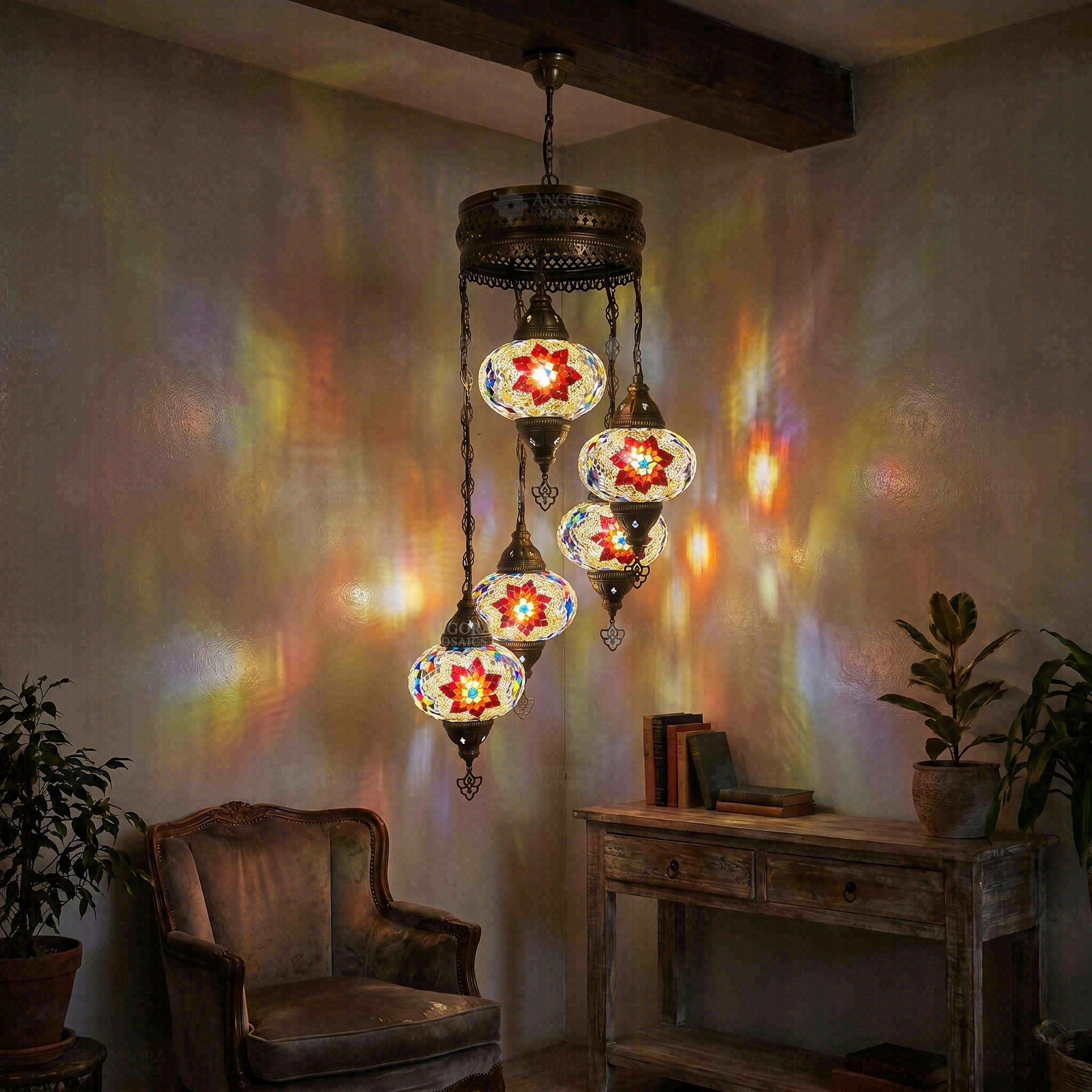 Multicolor Turkish Mosaic Chandelier - 5 Globe Handmade Mosaic Glass Lamp - Star Pattern Pendant Light - Moroccan Ceiling Fixture