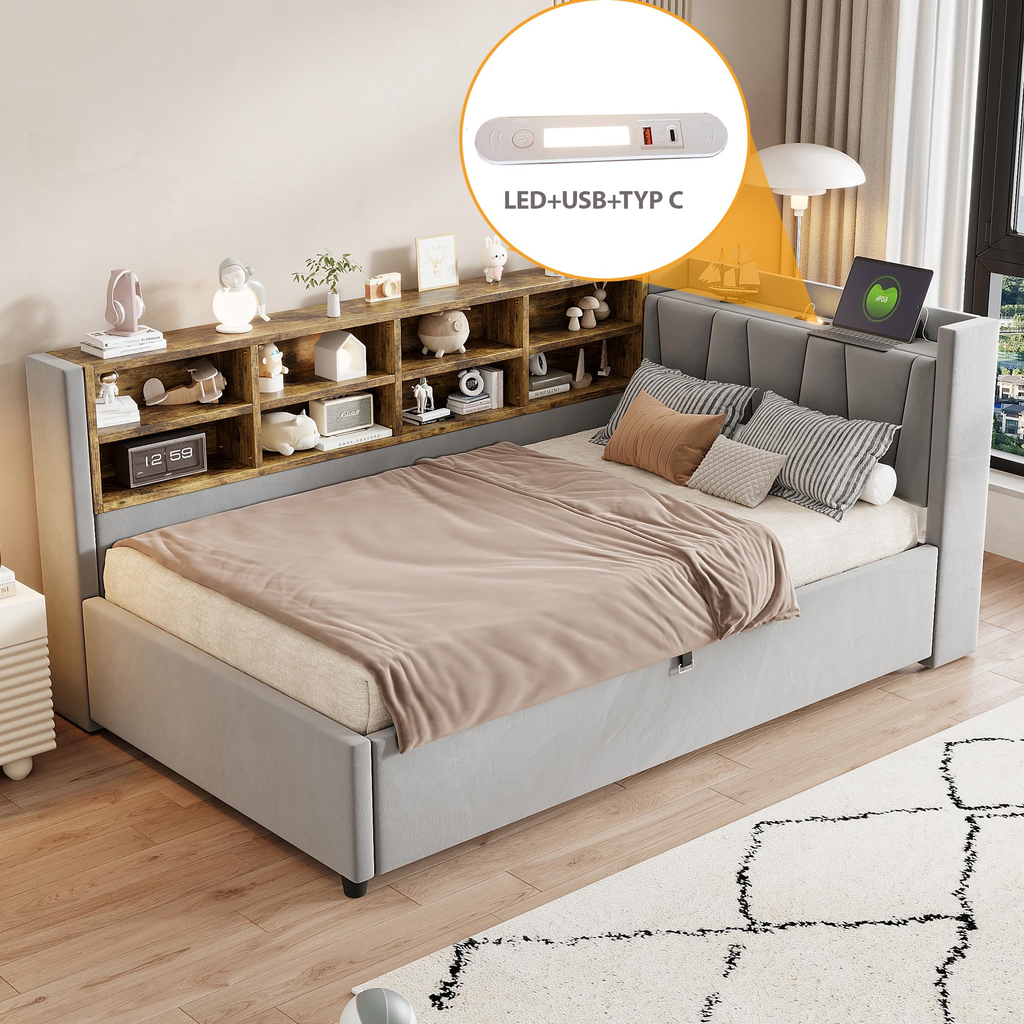 HaoChrymec Łóżko tapicerowane sofa z funkcją spania z aksamitnego materiału, do pokoju gościnnego, jasnoszare, 90 x 200 cm, LDU00397AAG