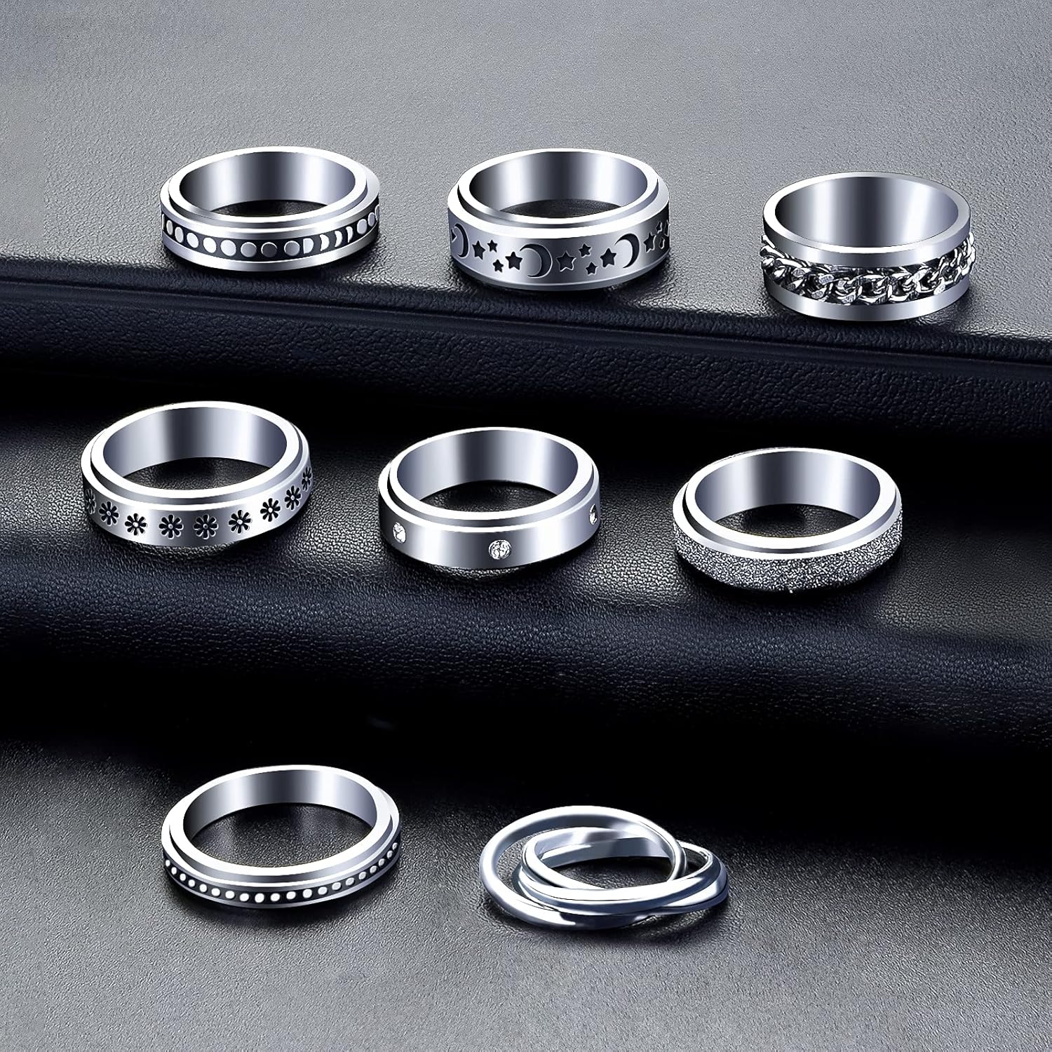 MUCAL Fidget Rings for Anxiety 8pcs Stainless Steel Spinner Ring Anti Anxiety Ring Spinning Moon Star Cool Stress Relieveing Rings for Women Men