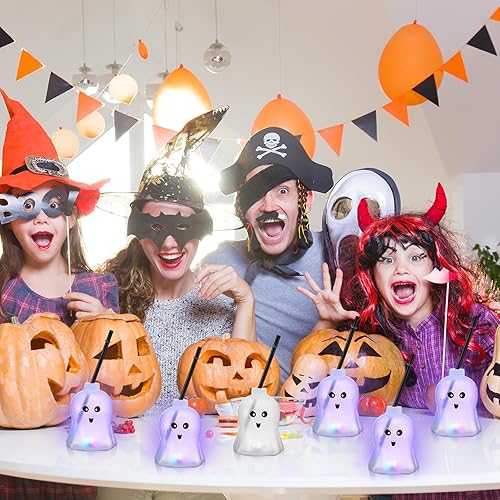 Miniatura 6 de Zubebe 6 tazas con forma de fantasma de Halloween que brillan en la oscuridad con tapa de pajilla, 3 modos de luz coloridos, reutilizables,