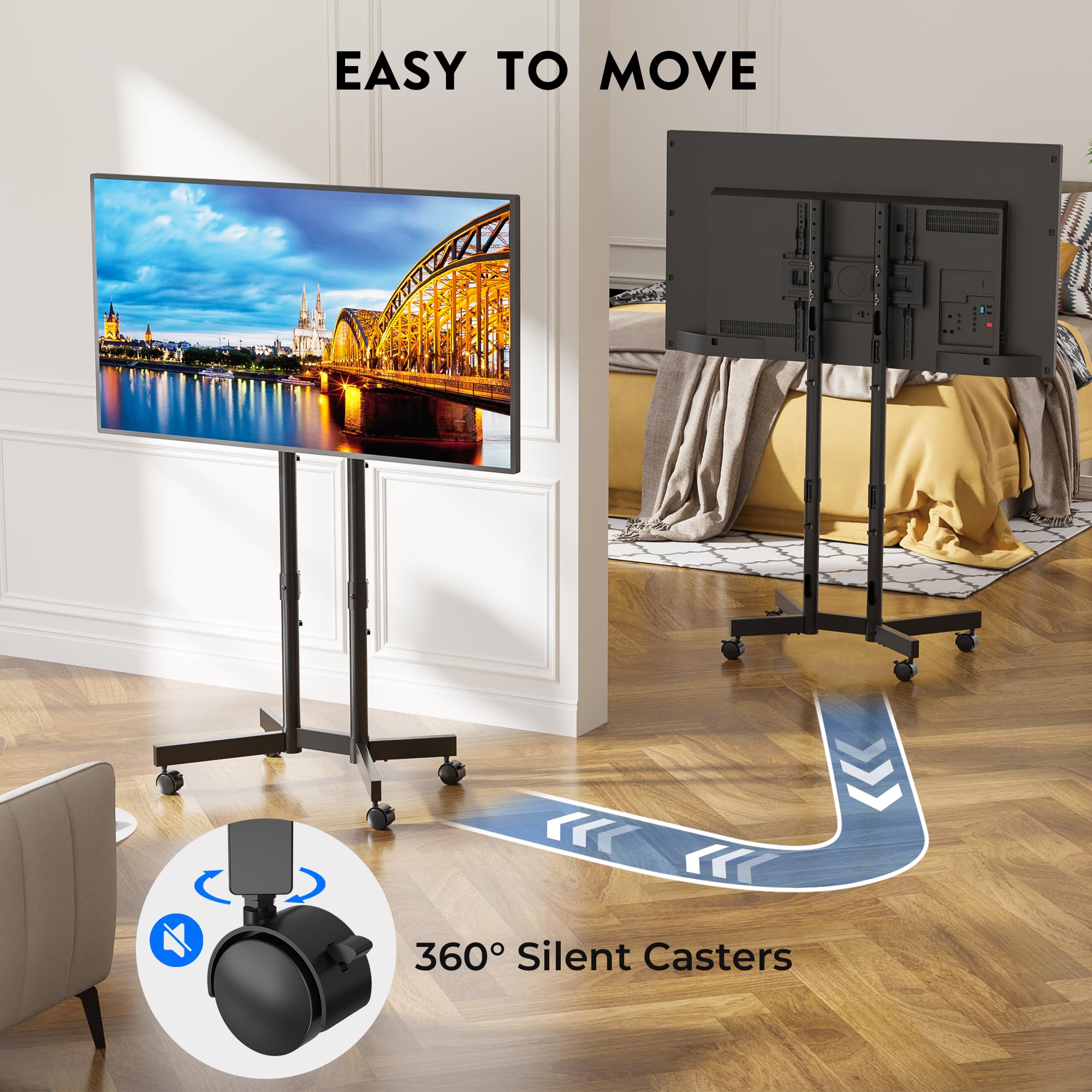 BONTEC Supporto TV da Pavimento 32-70 Pollici, Carrello Porta TV da Terra Mobile con Ruote Bloccabili 360°, Altezza Regolabile Doppia Colonna Robusta Fino a 50 kg, VESA 400x400 mm, Gestione Cavi, Nero