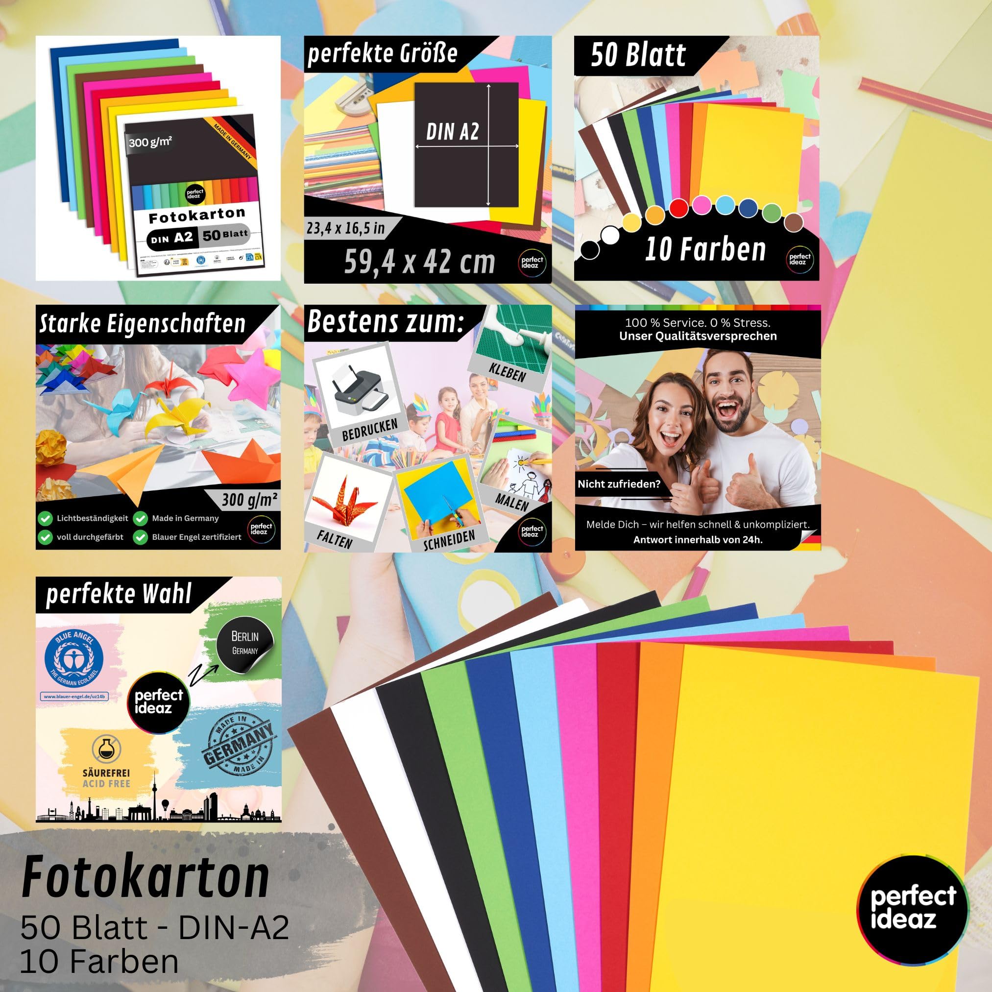 perfect ideaz 50 Blatt Fotokarton DIN-A2, 10 Farben, stabiler recycling Karton 300 g/m², Made in Germany, Blauer Engel zertifiziert
