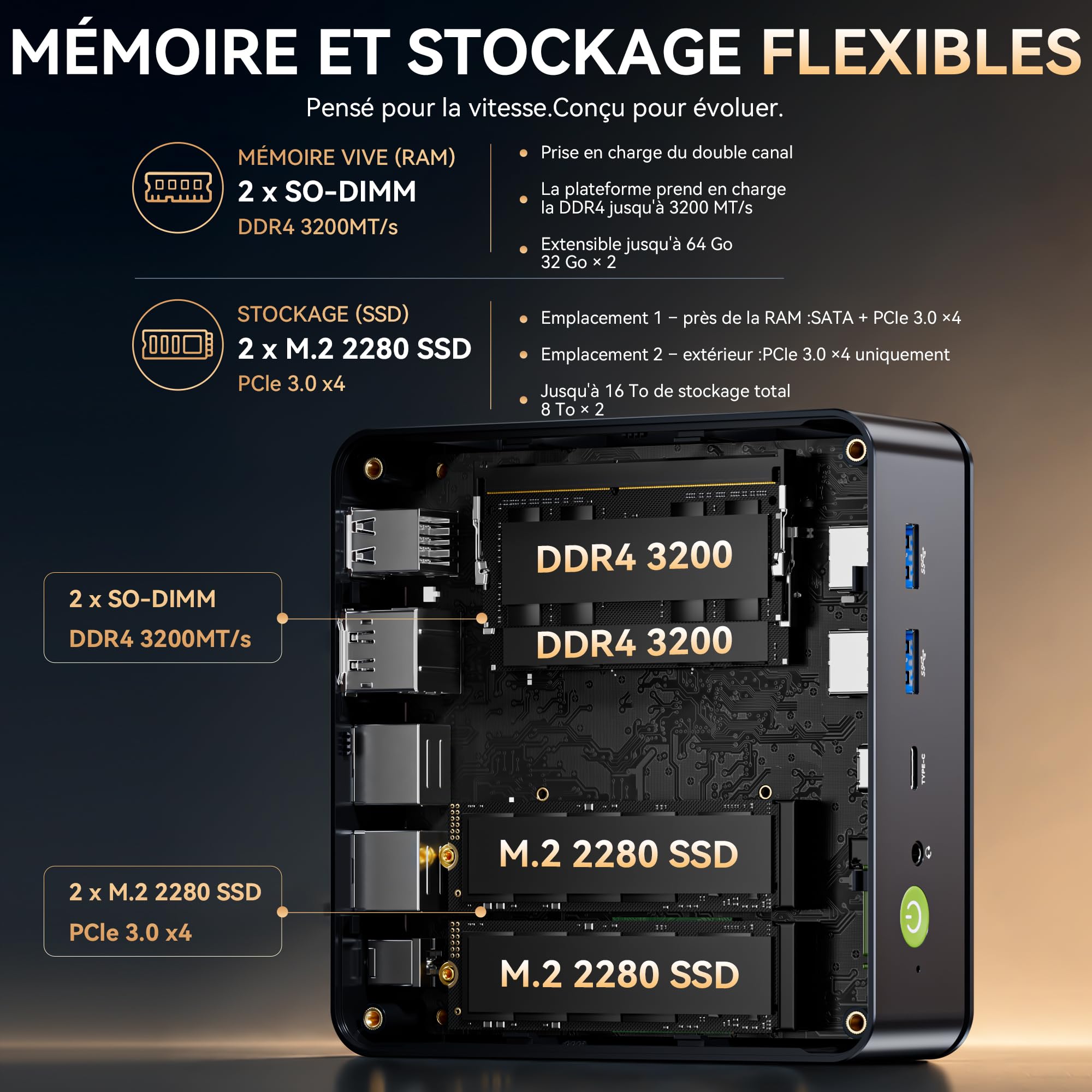 GMKtec Mini PC M5 S, mini PC AMD Ryzen 5400U, 16 Go de RAM DDR4 (double canaux), 512 Go SSD | pour bureau et maison, double LAN 2,5 Gbit/s, WiFi 6E, triple écran, USB‑C, HDMI 2.0, DisplayPort