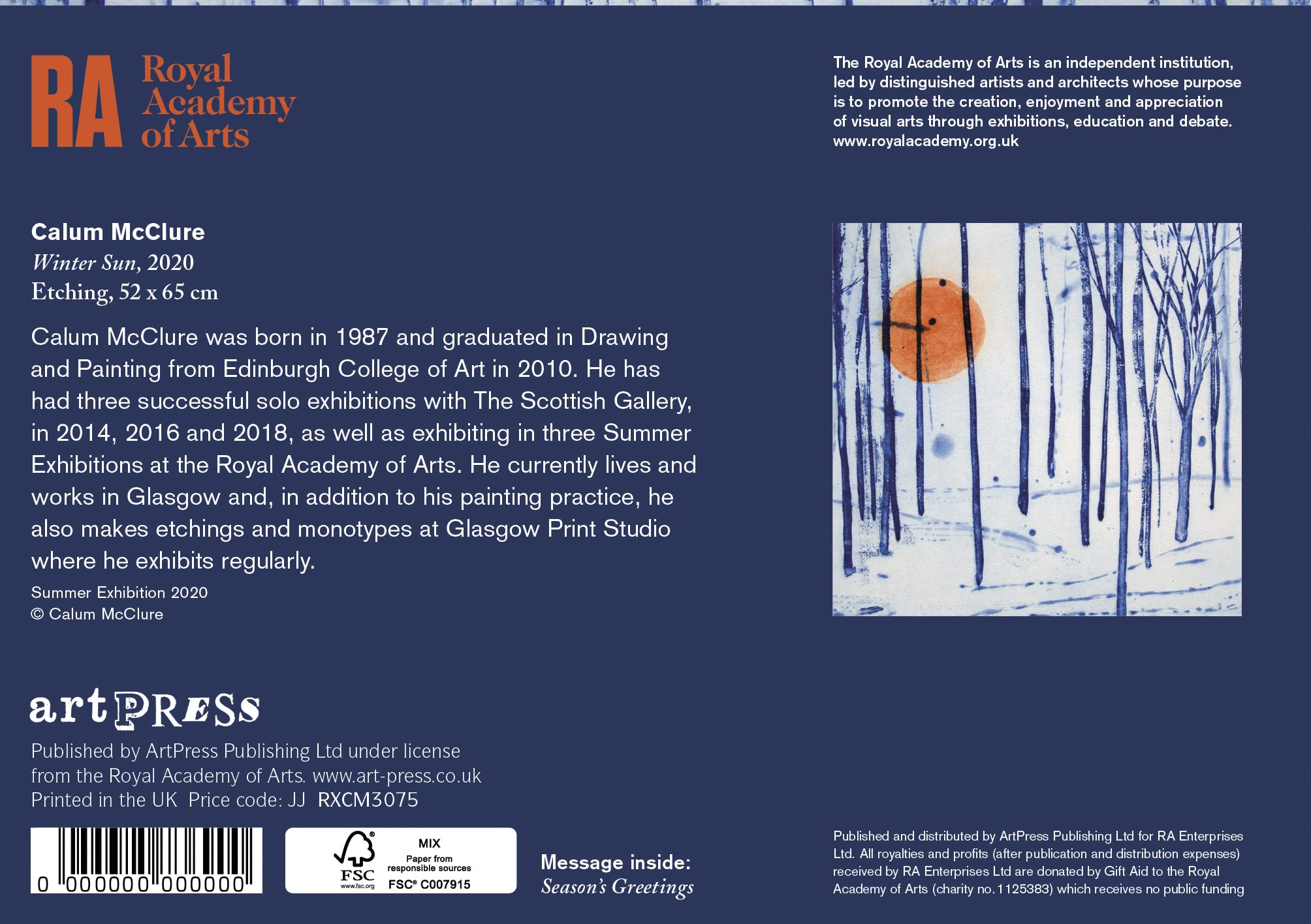 Royal Academy of Arts Calum McClure Winter Sun Pack of 10 Christmas Cards (17 x12cm), White, Blue, Orange, Red - Image 3