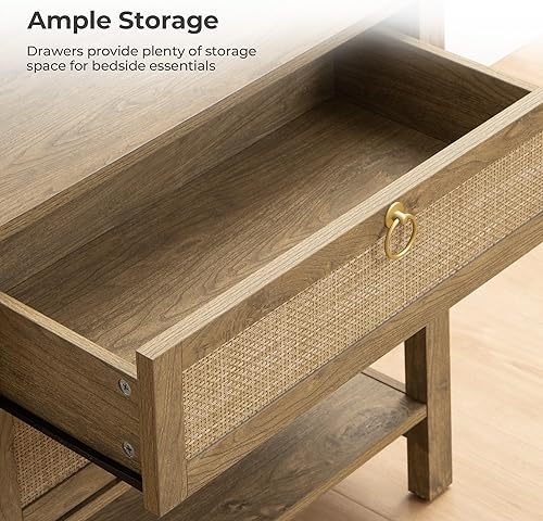 Miniatura 4 de SICOTAS - Juego de 2 mesitas de noche de ratán con cajones y estante de almacenamiento, mesa auxiliar estrecha estilo bohemio para dormitorio o