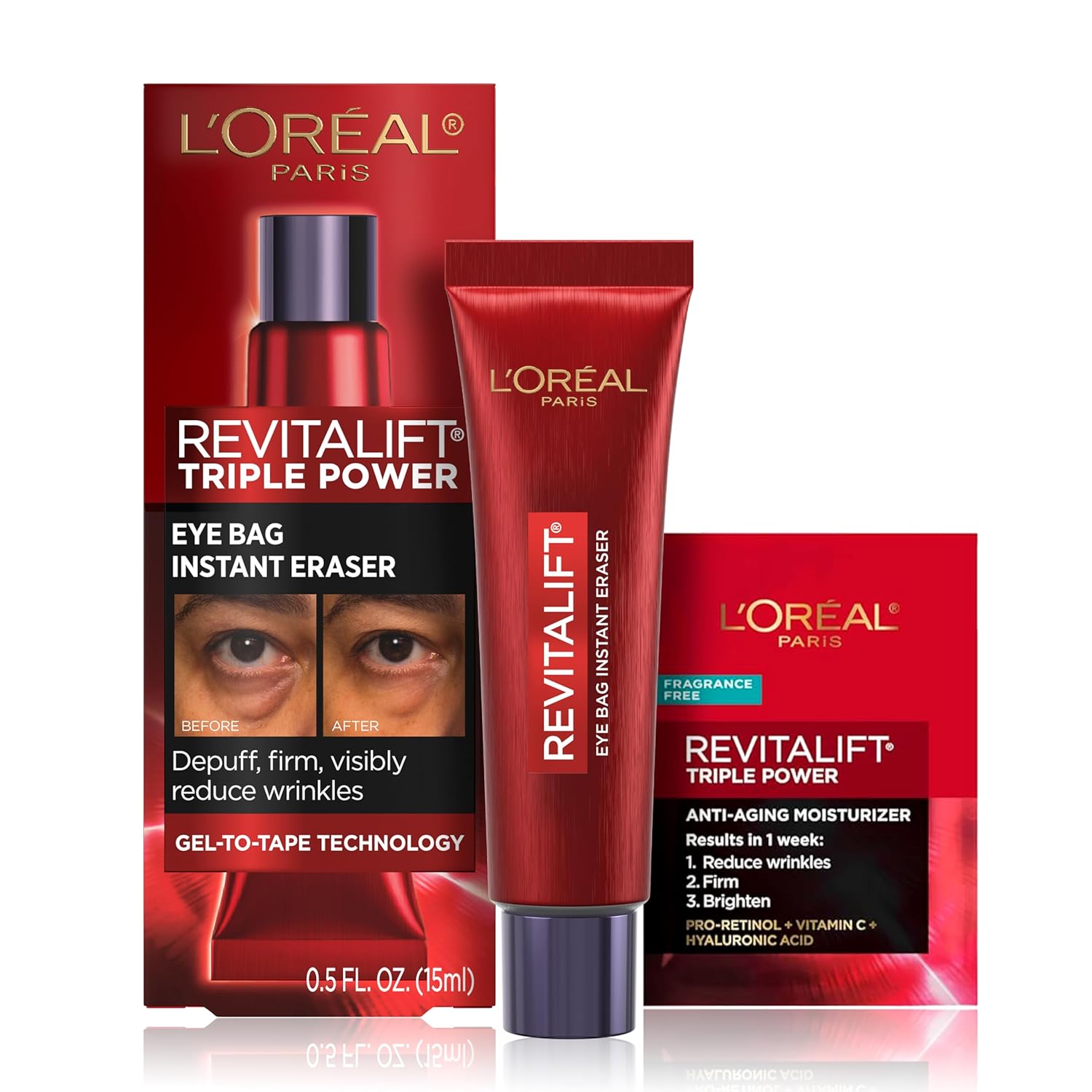 L’Oreal Paris Revitalift Triple Power Eye Bag Instant Eraser, Eye Tightener Treatment to Firm Bags, 0.5 oz + Moisturizer Sample