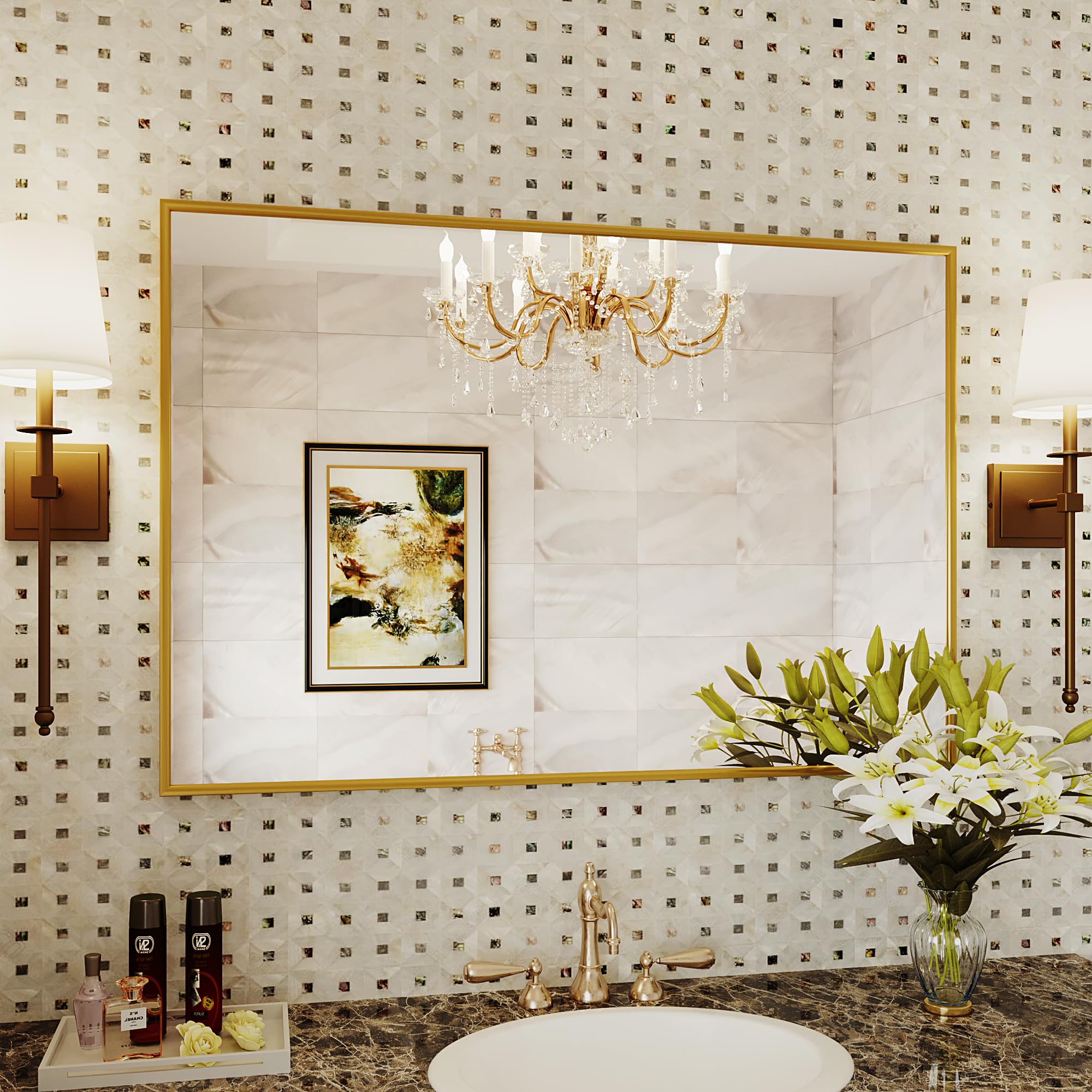 Protylctaster Gold Bathroom Mirror, 26x38 Gold Mirror Bathroom?Gold Framed Mirror?Square Mirrors for Wall,Bathroom Vanity Mirror,Wall Mirror for Bathroom(Gold)