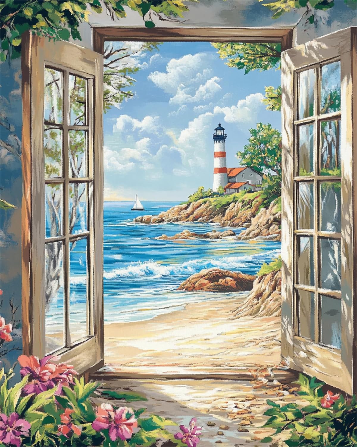 9CT Diy Juego De Bordado Con Cuentas Faro De Playa Fuera De La Puerta,Cuentas De Bordado,Fantasía,Paisaje Marino,Kit De Manualidades Con Cuentas Para Principiantes,Juego De Costura,Patrón D 60x80cm