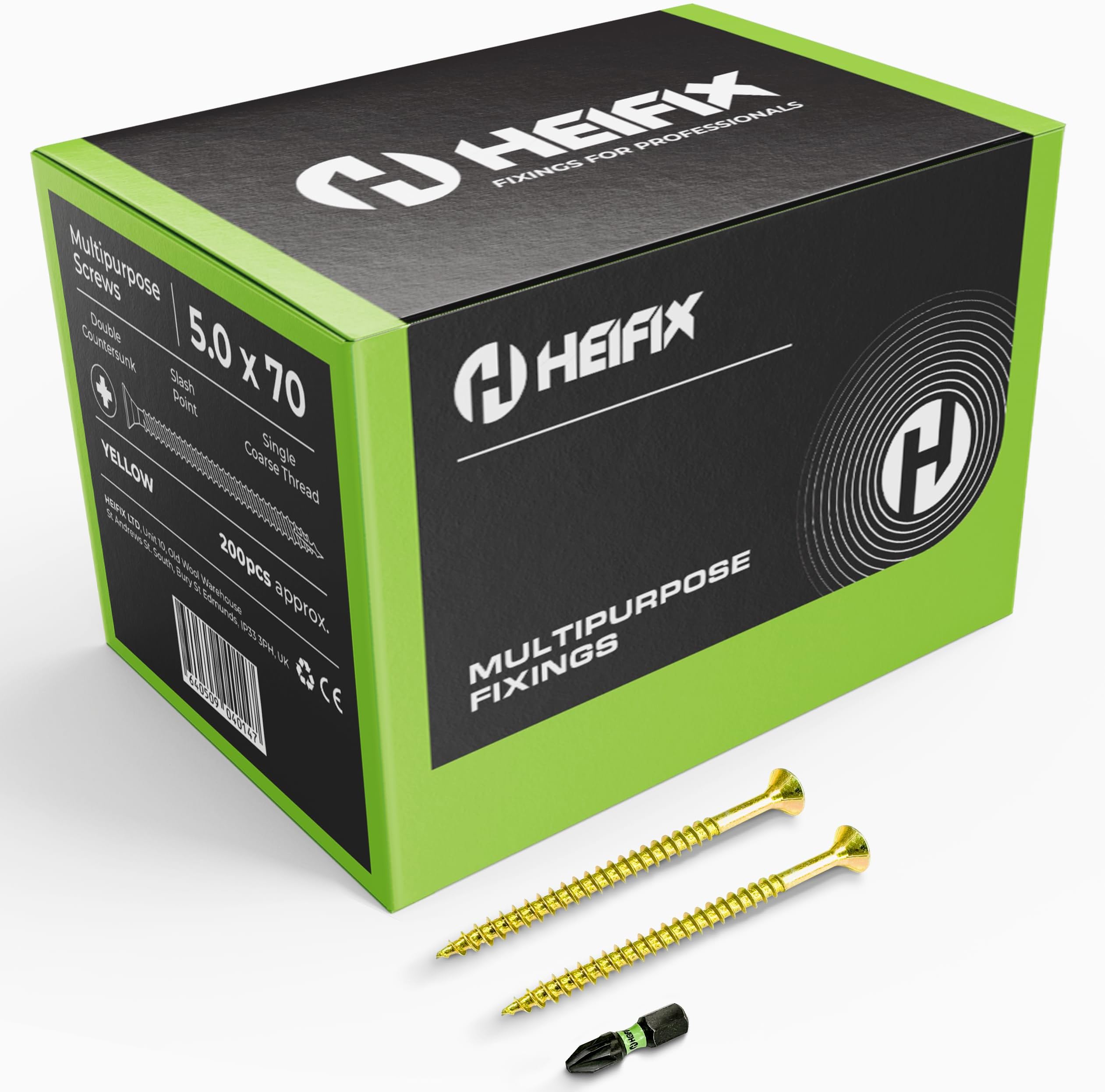 Heifix Multi-Purpose Wood Screws Pozi Double Countersunk - FREE Screw Bit Included (QTY 200, 5mm x 70mm)