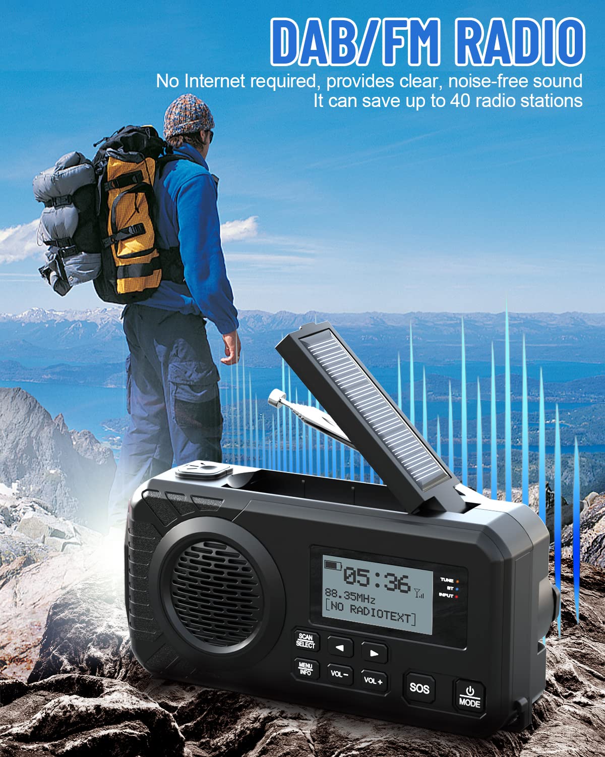 UOHHBOE Radio Solaire Dab/FM 5000mAh Radio Portables USB-C Rechargeable Dynamo Survie avec Manivelle Lampe Poche Lampe Lecture Alarme SOS pour Camping Randonnée Urgence