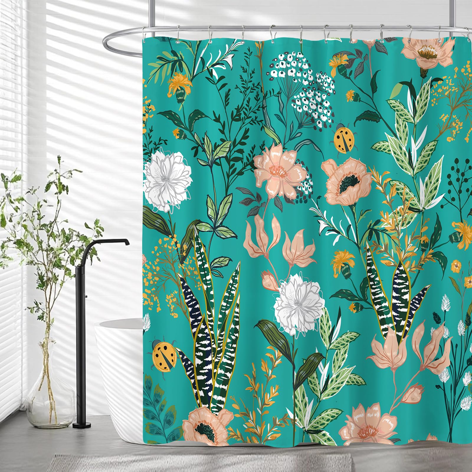 BayNook Boho Floral Shower Curtain, Pink Flower Tropical Leaves Plant Shower Curtain, Cute Fun Botanical Decorative Bath Curtain Cloth Fabric Bathroom
