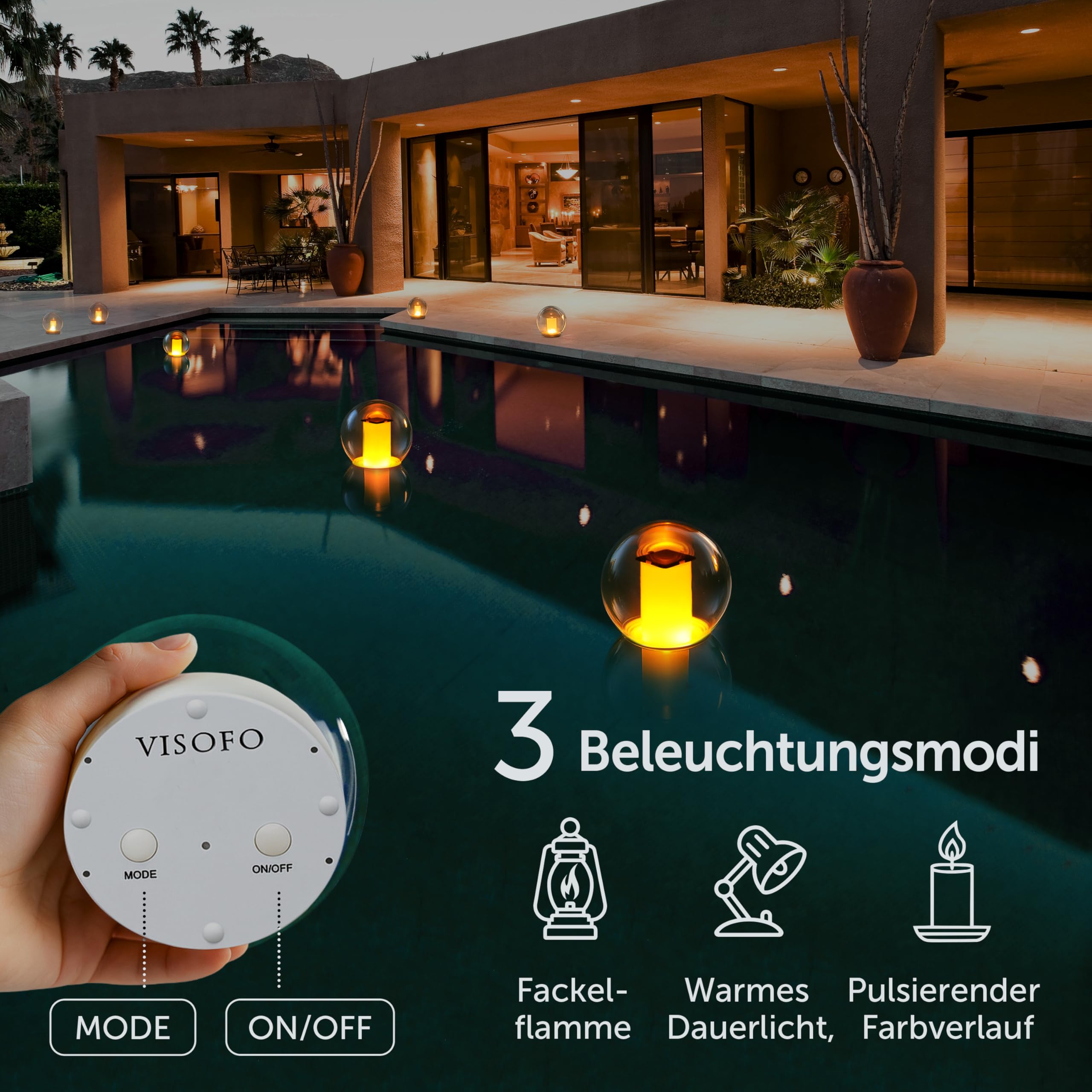 VISOFO Solar-Schwimmende Poolleuchten, wasserdicht, für den Außenbereich, flackernde Laterne, Landschaftsdekoration, leuchtende Kugeln für Pool, Spa, Schlafzimmer, Nachtdekoration (1 Stück)