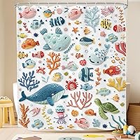 Vista 19 de Cortina de ducha para niños, océano, verano, linda ballena de dibujos animados, divertida decoración de baño para guardería, niños y niñas