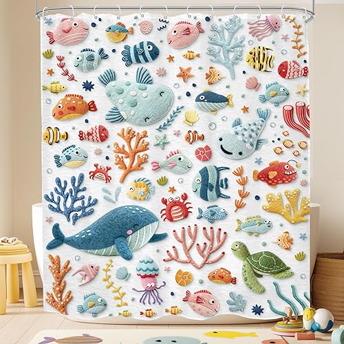 Miniatura 19 de Cortina de ducha para niños, océano, verano, linda ballena de dibujos animados, divertida decoración de baño para guardería, niños y niñas
