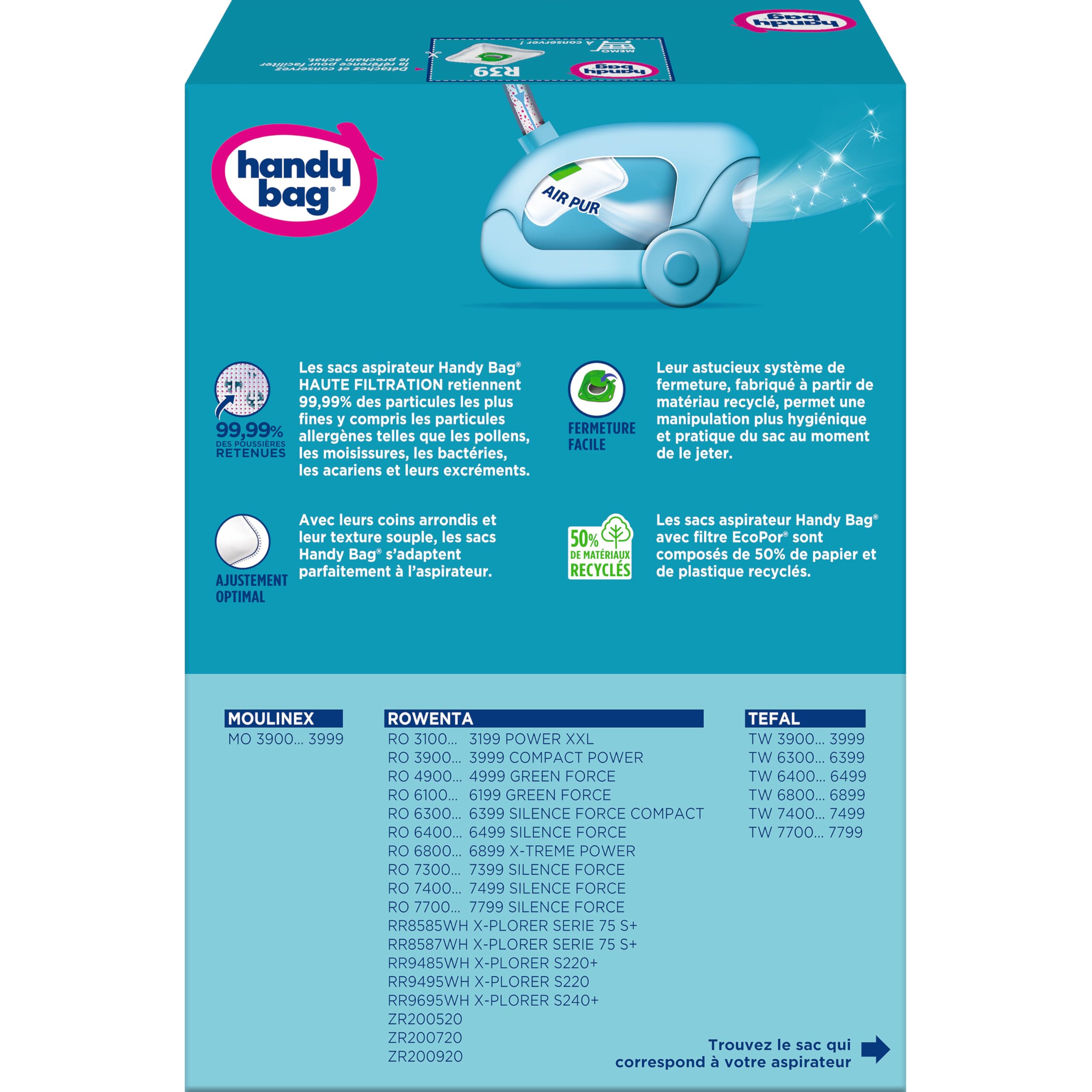 Handy Bag Sacs Aspirateur R39 X4 – Haute Filtration 99,99% Compatible Moulinex Rowenta Tefal – Anti-Allergène 50% Recyclé