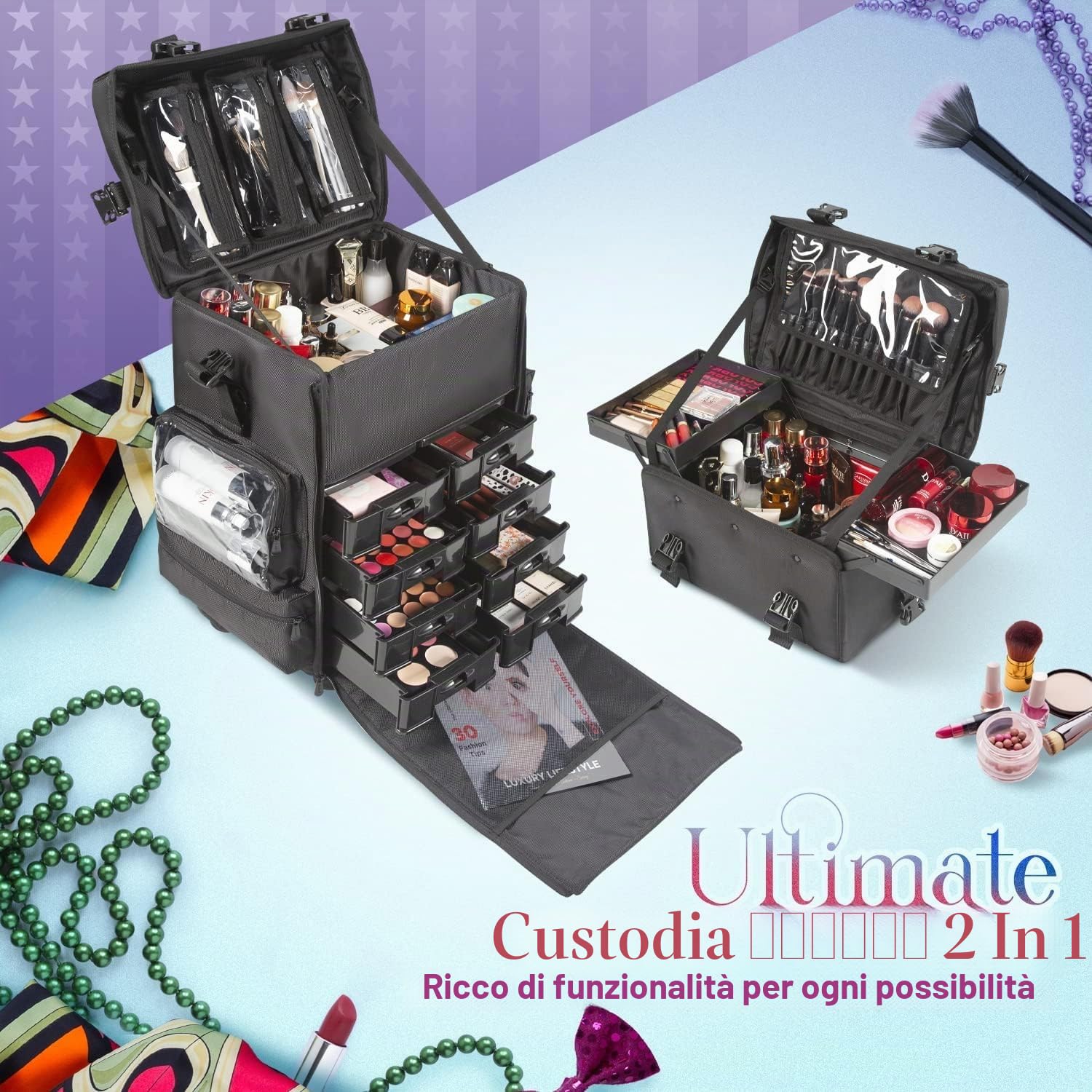 Valigetta per il trucco con ruote omnidirezionali 2 in 1 con lato morbido professionale, valigetta per il trucco con ruote, organizer per cosmetici con cassetti,Nero