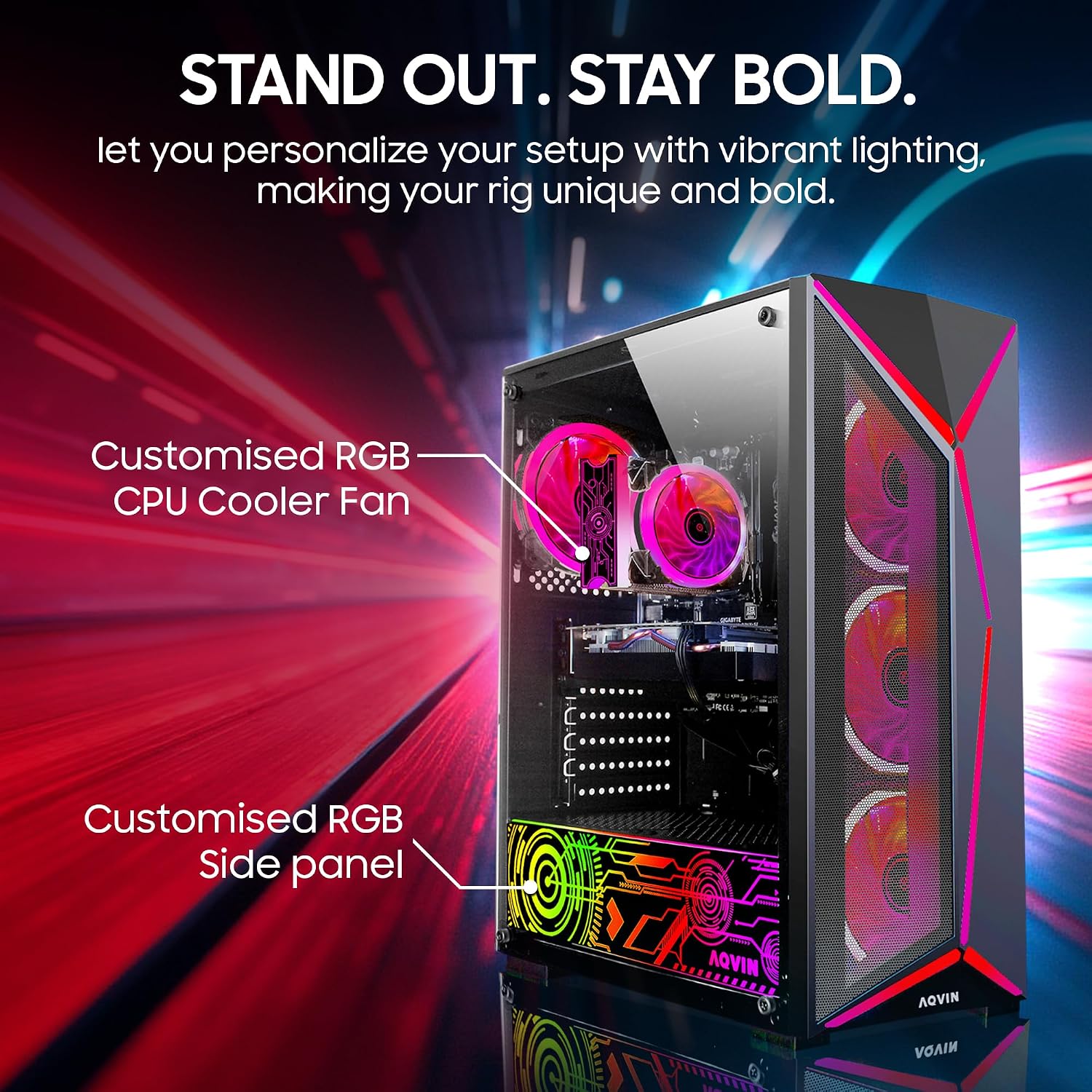 AQVIN AQ80 PC interior with customized RGB CPU cooler fan and side panel