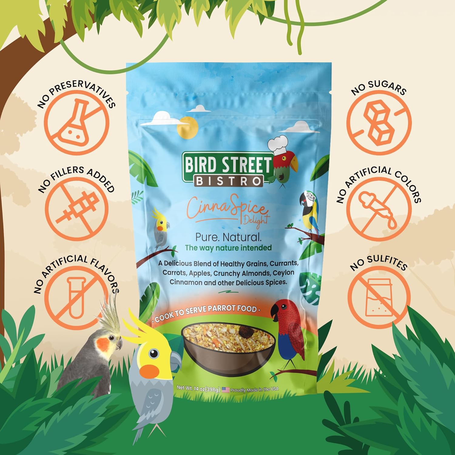 Bird Street Bistro Parrot Food for Parakeets & Cockatiels - CinnaSpice - 24 oz - Cooks in 3-15 min, Natural Grains, Fruits & Vegetables - USA Made