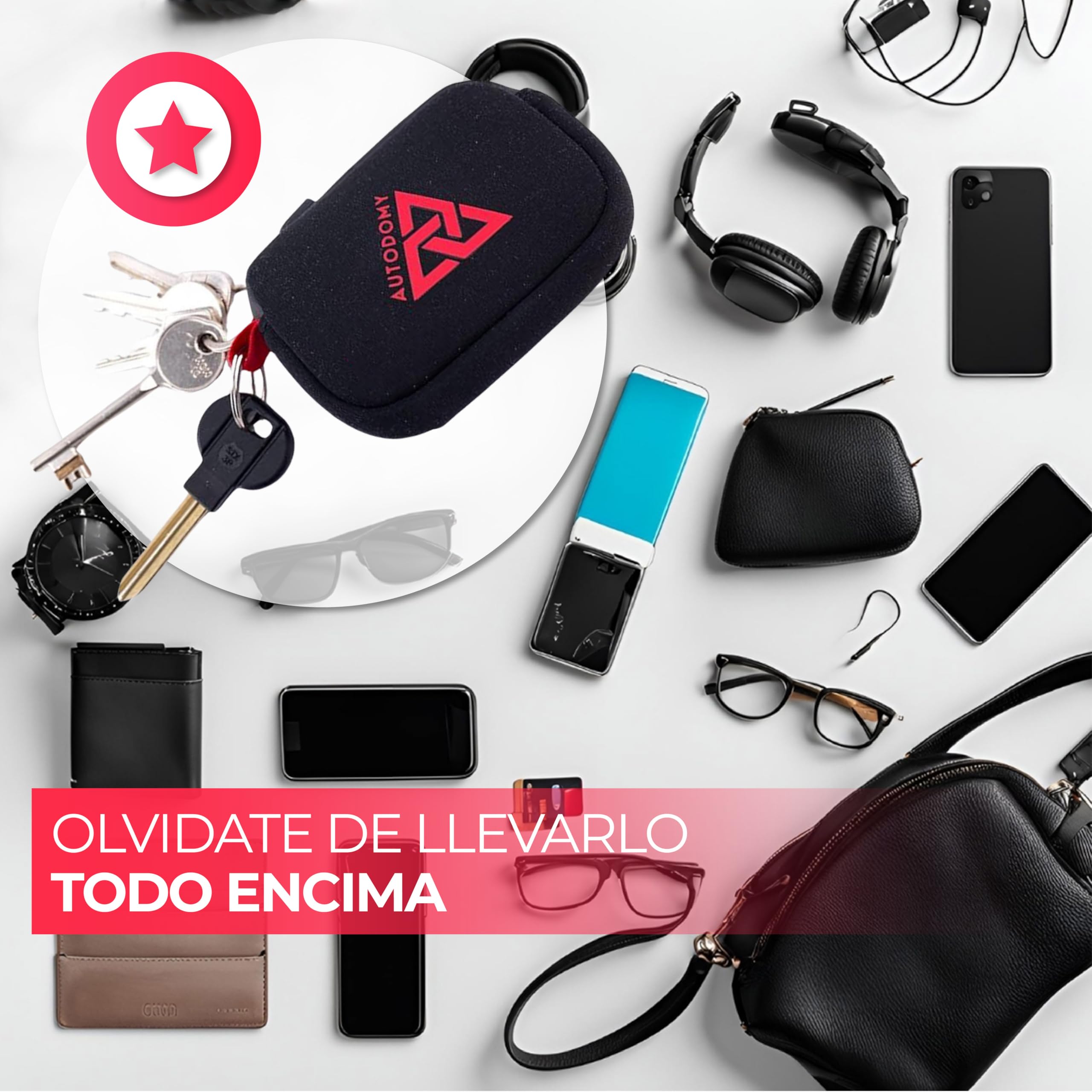 Autodomy Llavero para Moto Impermeable Neopreno Negro Rojo Porta Llaves con Anilla Mosquetón
