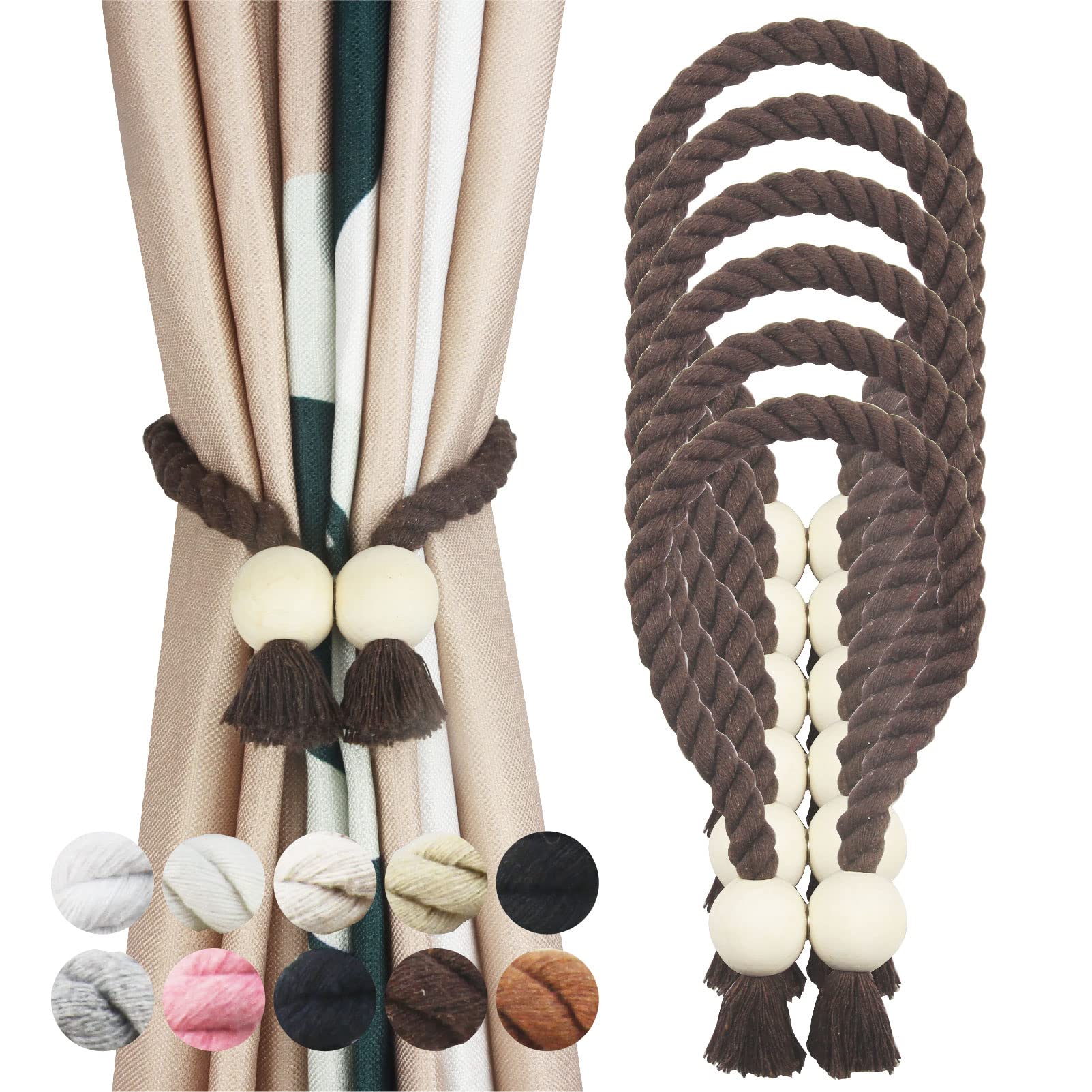 Confezione da 6 fermatende magnetici per tende in cotone intrecciato a mano, fermatenda decorativi per tende con fibbia in legno resistente, non sono necessari attrezzi