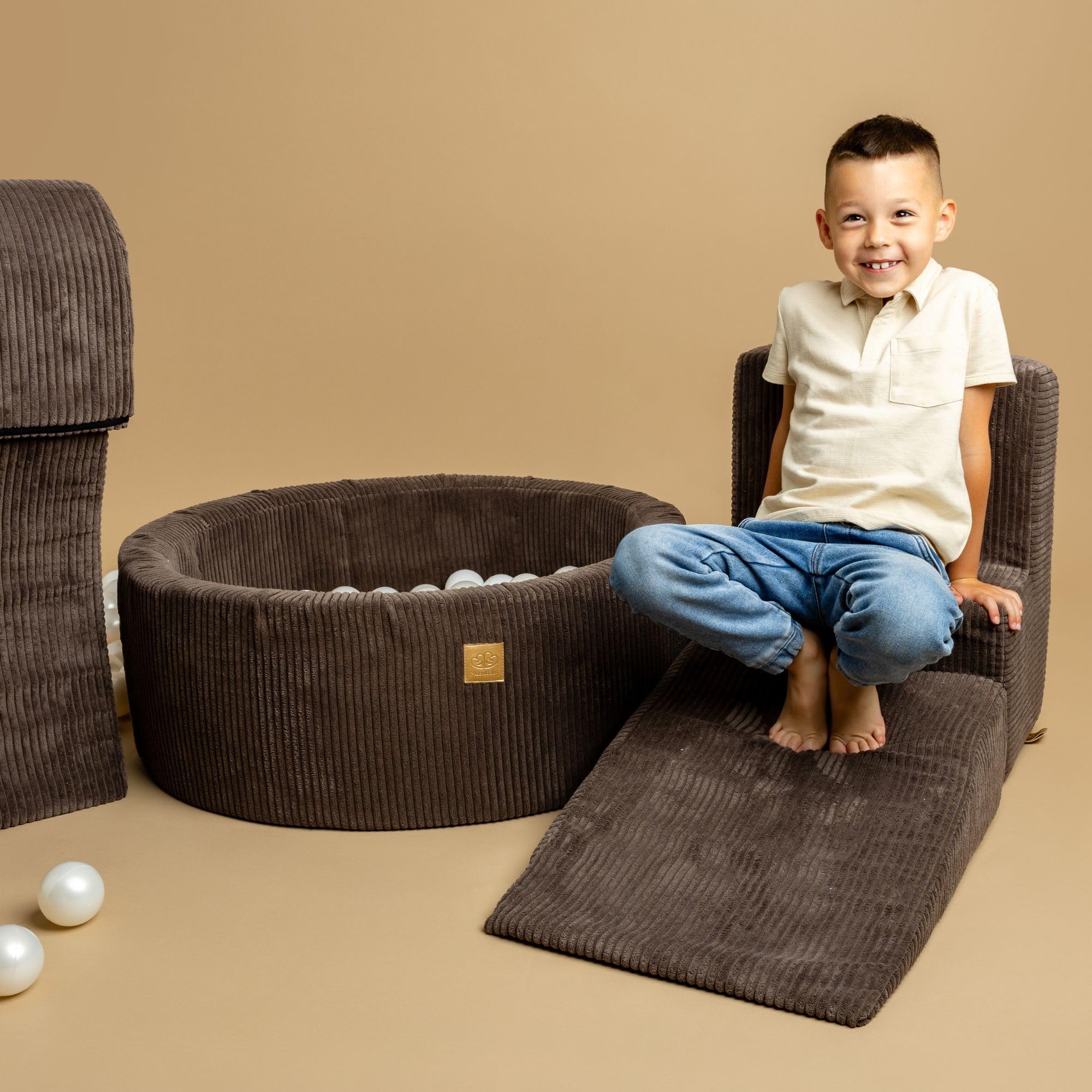 MEOWBABY Parco Giochi in Schiuma con Piscina di Palline 90x30cm/200 Palline per Bambini - Blocchi Morbidi, Corduroy, Ecru: Bianco Perla