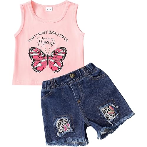 Mikrdoo Baby Girl Clothes Toddler Girl Summer Outfits Shirts Tops Ripped Denim Shorts Set Little Girl Clothes