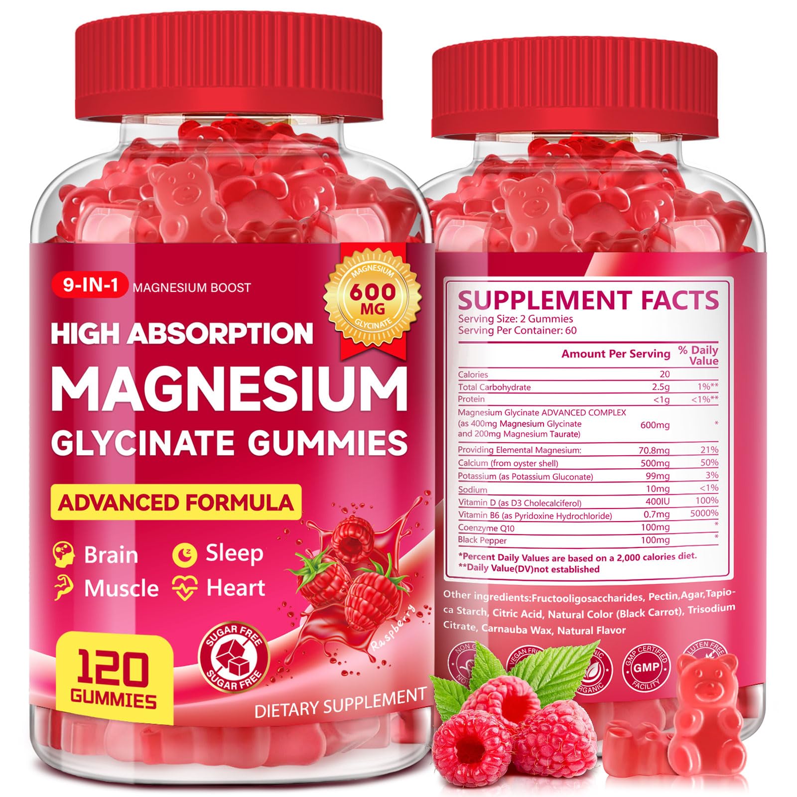 Magnesium Glycinate Gummies 600mg, High Absorption Magnesium Supplement 120 Raspberry 120 Count (Pack of 1)